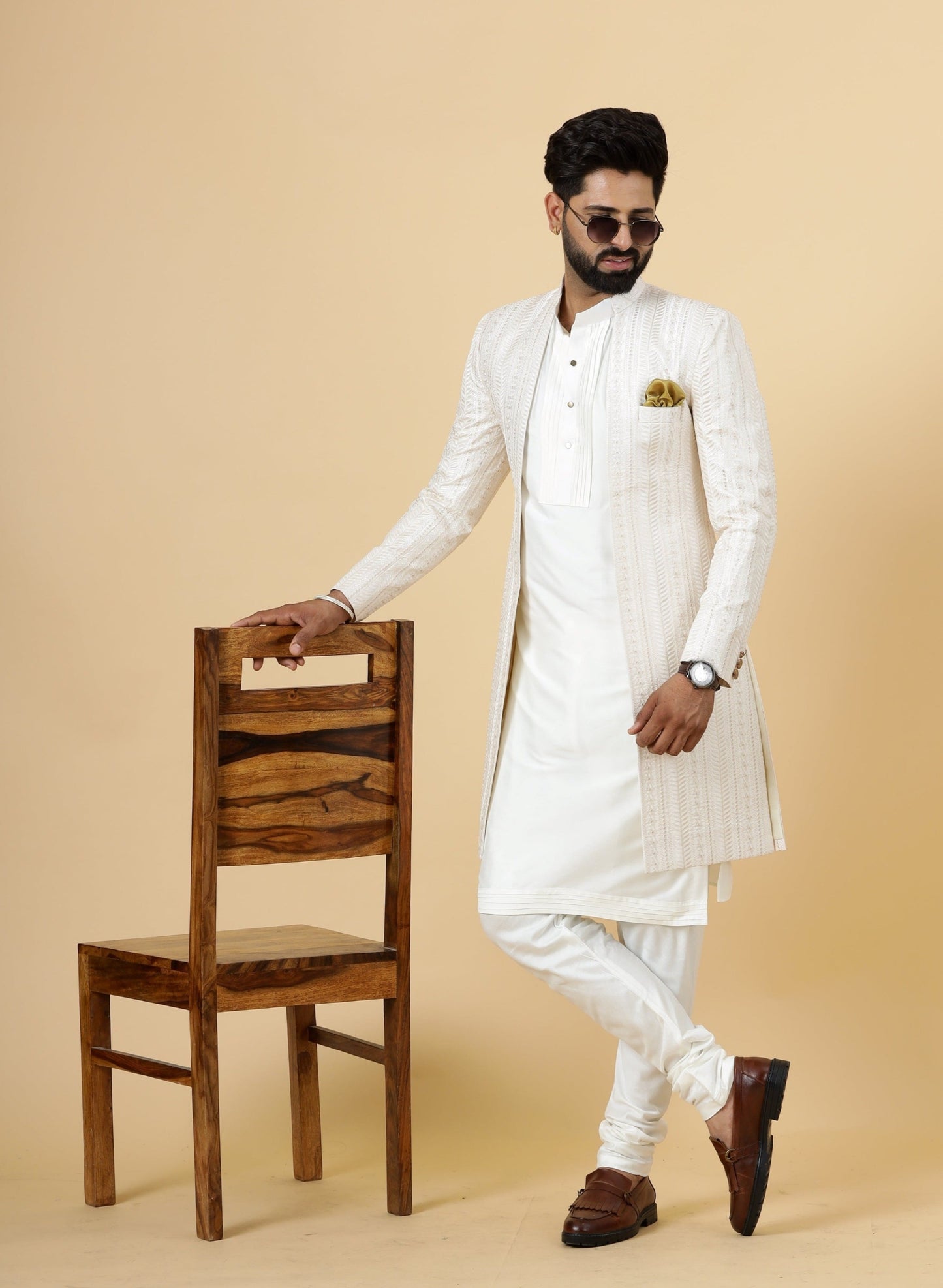 Alluring Thread Embroidered Off-White Open Sherwani for Men | Father Son Combo | Off-White Color |Off-White Sherwani | Perfect for Grooms