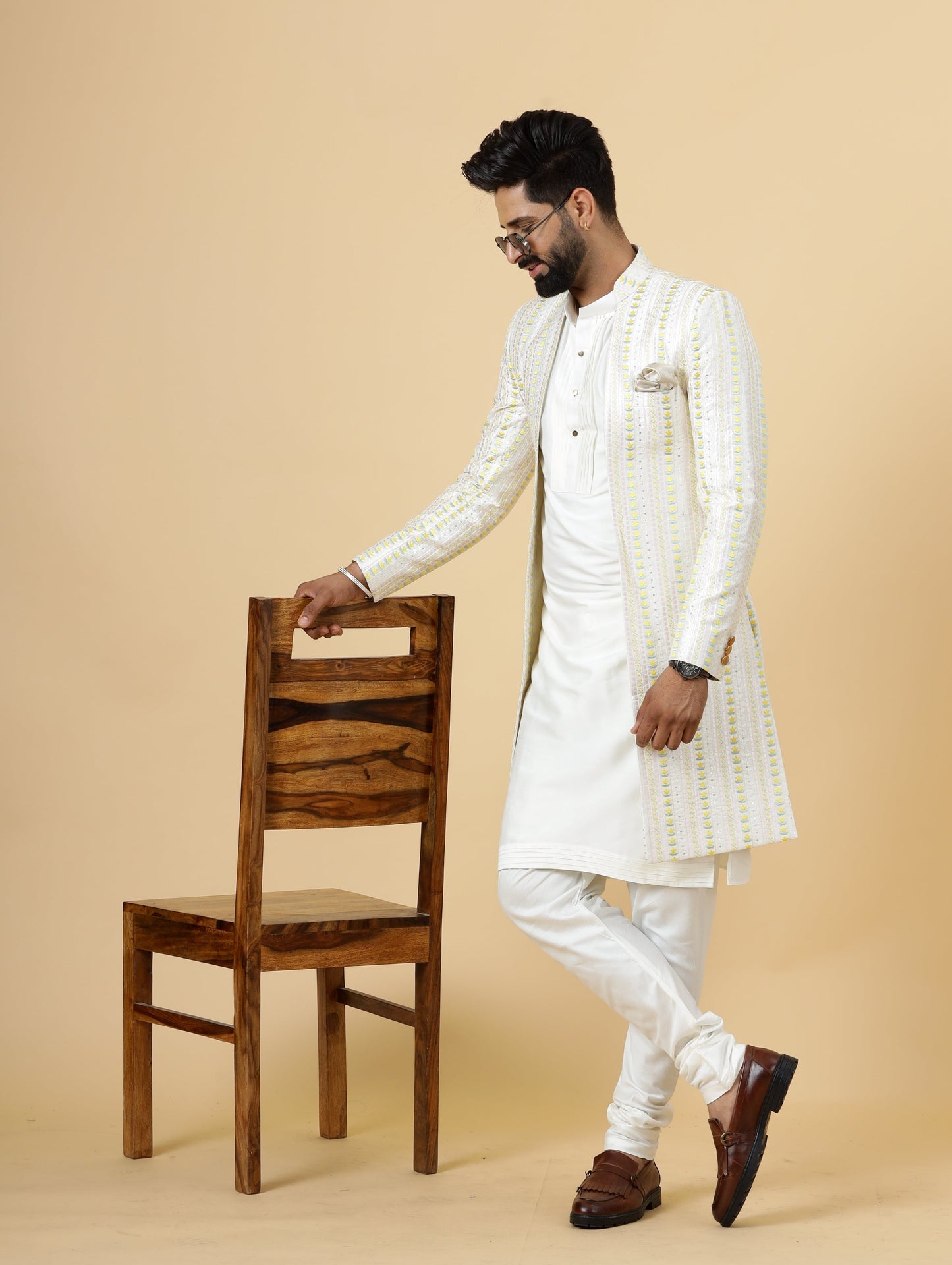 Alluring Pastel Thread Embroidered Off-White Open Sherwani with Off-White Kurta Pajama for Men | Father Son Combo |Off-White Sherwani | Perfect for Grooms