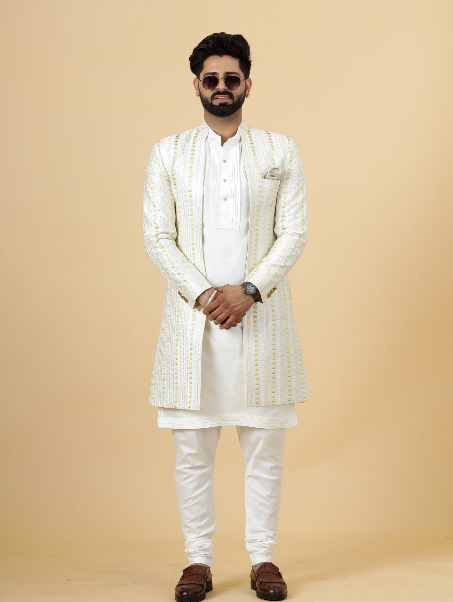 Alluring Pastel Thread Embroidered Off-White Open Sherwani with Off-White Kurta Pajama for Men | Father Son Combo |Off-White Sherwani | Perfect for Grooms