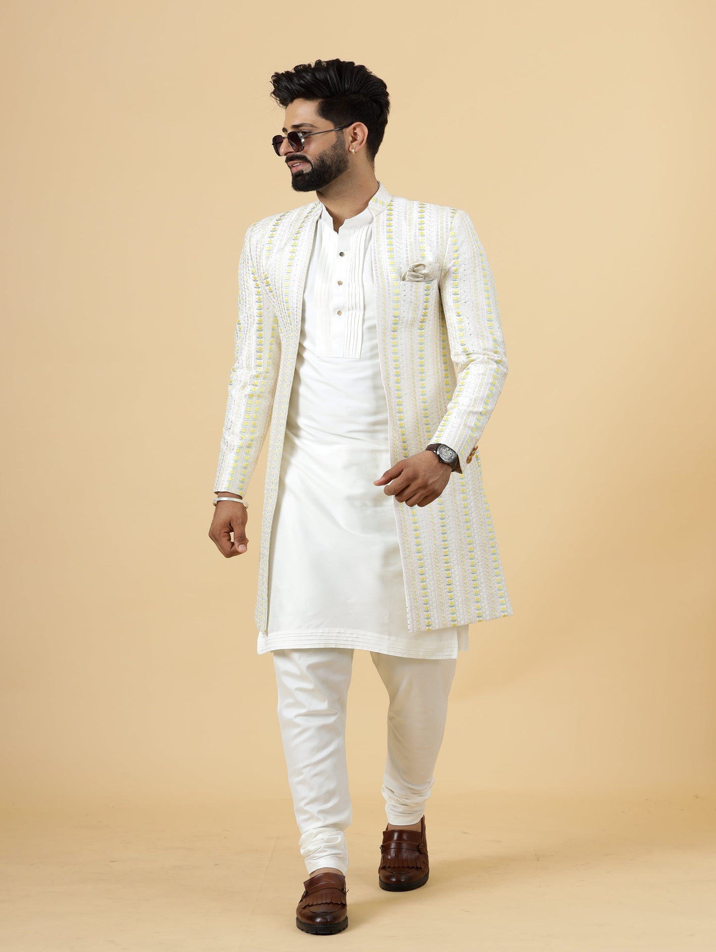 Alluring Pastel Thread Embroidered Off-White Open Sherwani with Off-White Kurta Pajama for Men | Father Son Combo |Off-White Sherwani | Perfect for Grooms