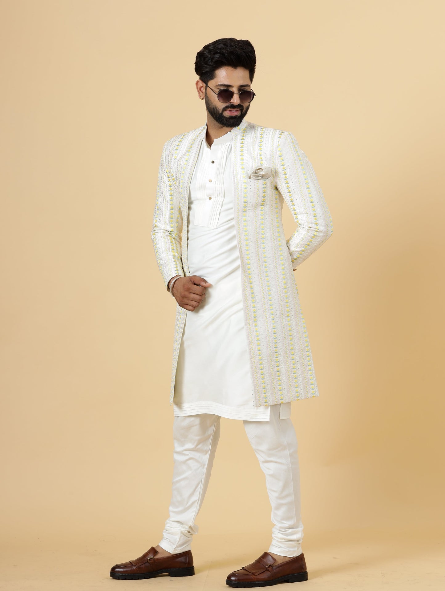 Alluring Pastel Thread Embroidered Off-White Open Sherwani with Off-White Kurta Pajama for Men | Father Son Combo |Off-White Sherwani | Perfect for Grooms