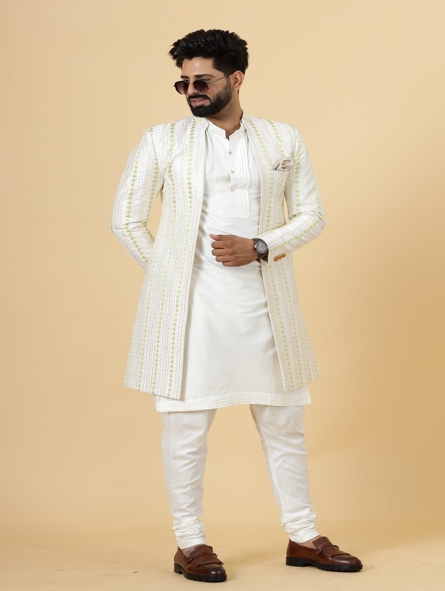 Alluring Pastel Thread Embroidered Off-White Open Sherwani with Off-White Kurta Pajama for Men | Father Son Combo |Off-White Sherwani | Perfect for Grooms