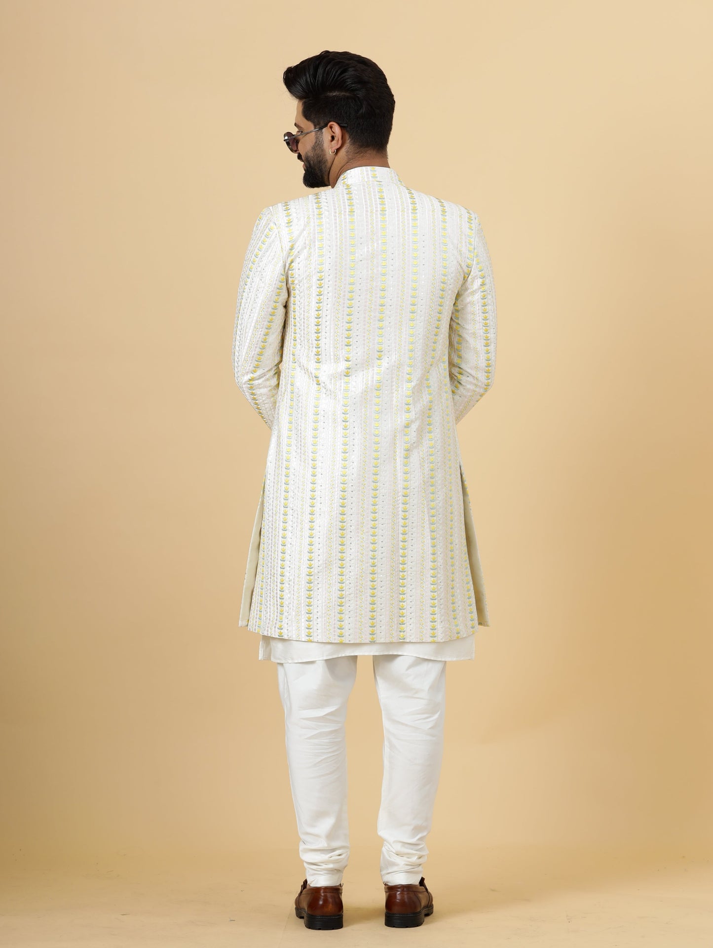 Alluring Pastel Thread Embroidered Off-White Open Sherwani with Off-White Kurta Pajama for Men | Father Son Combo |Off-White Sherwani | Perfect for Grooms