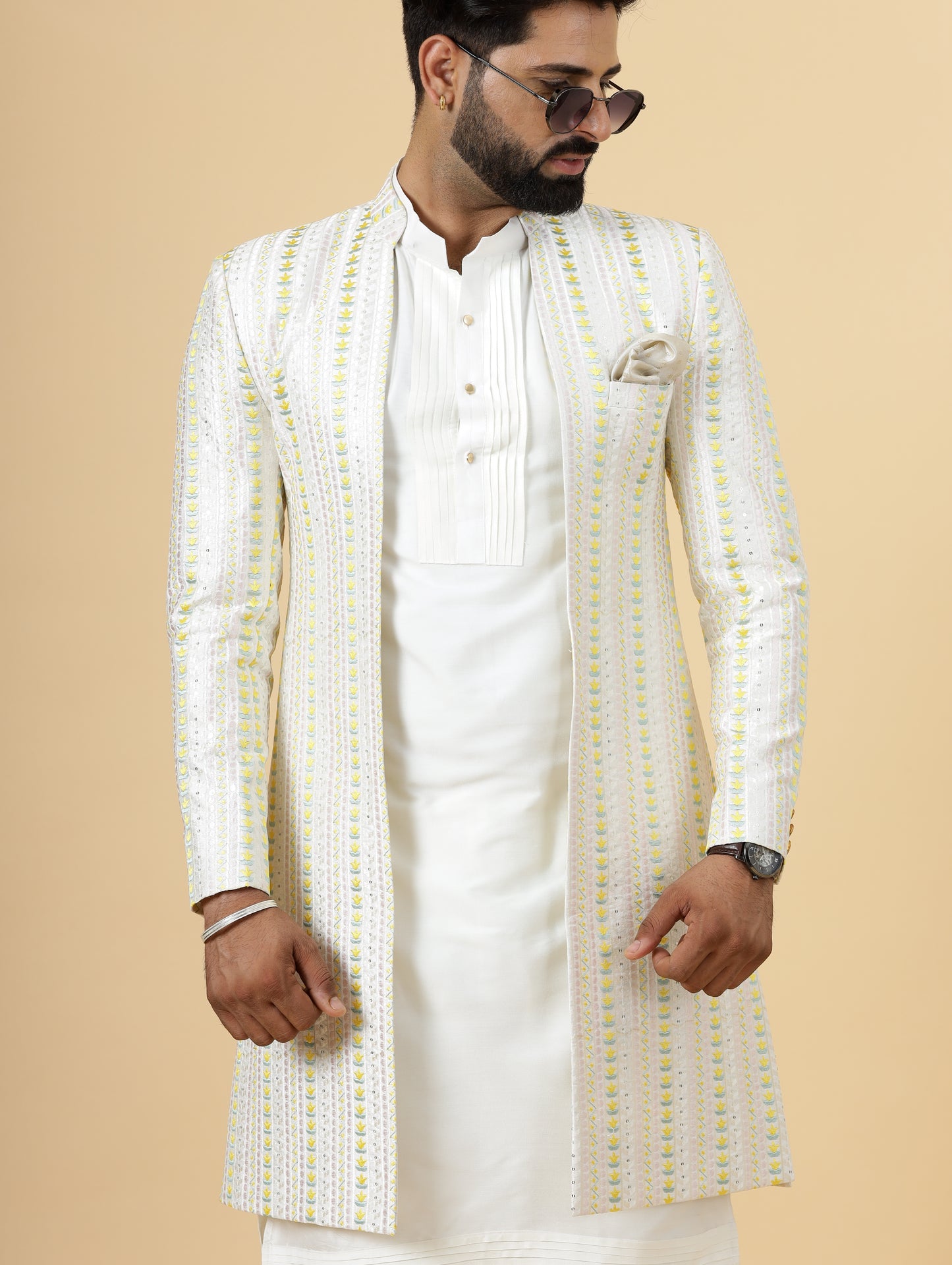 Alluring Pastel Thread Embroidered Off-White Open Sherwani with Off-White Kurta Pajama for Men | Father Son Combo |Off-White Sherwani | Perfect for Grooms