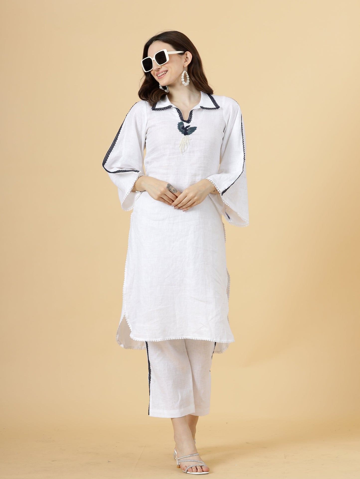 Classy Linen White Co-Ord Set with Embroidery details