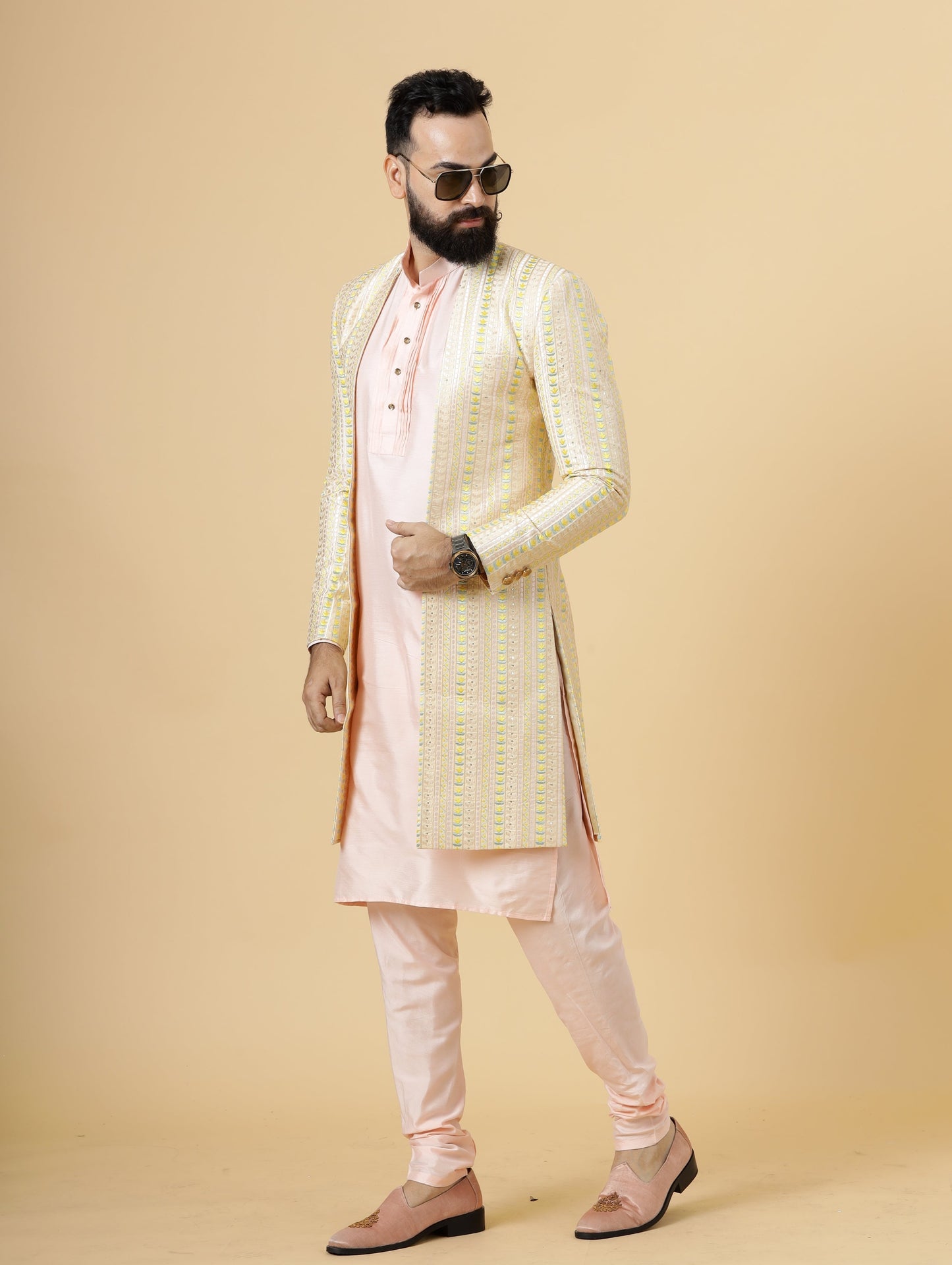 Alluring Pastel Thread Embroidered Cream Open Sherwani with Off-White Kurta Pajama for Men | Father Son Combo |Cream Sherwani | Perfect for Grooms