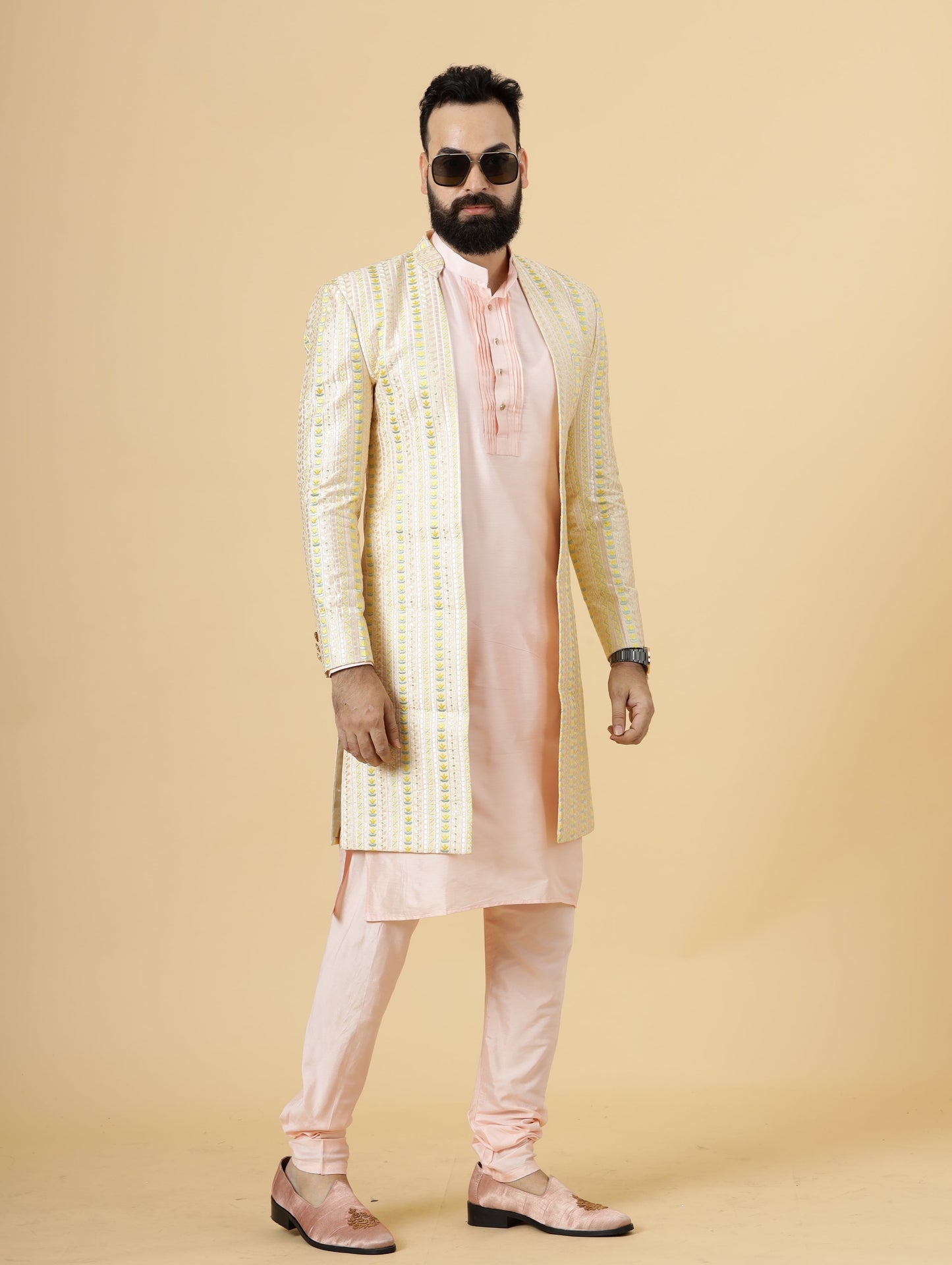 Alluring Pastel Thread Embroidered Cream Open Sherwani with Off-White Kurta Pajama for Men | Father Son Combo |Cream Sherwani | Perfect for Grooms