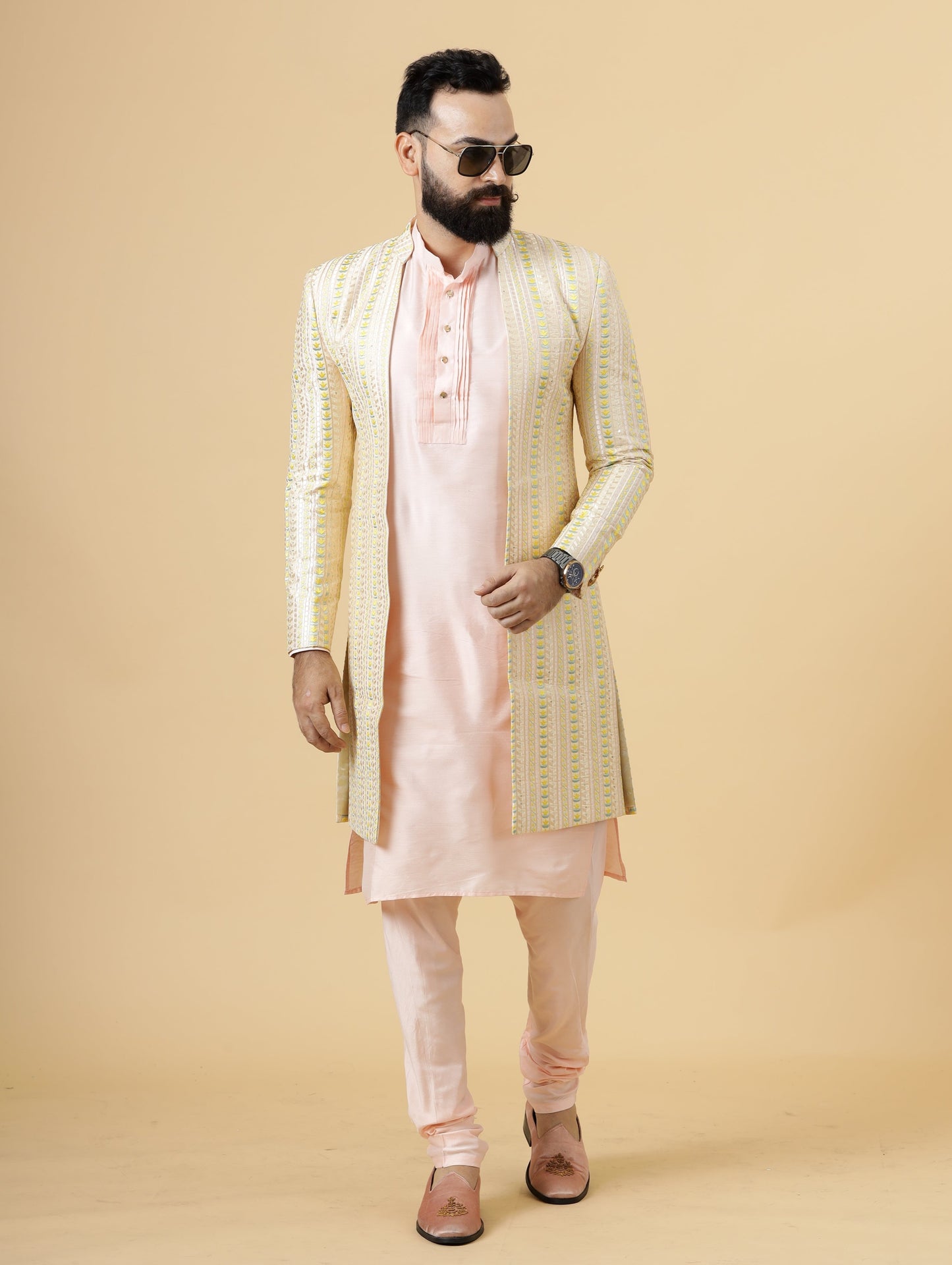 Alluring Pastel Thread Embroidered Cream Open Sherwani with Off-White Kurta Pajama for Men | Father Son Combo |Cream Sherwani | Perfect for Grooms