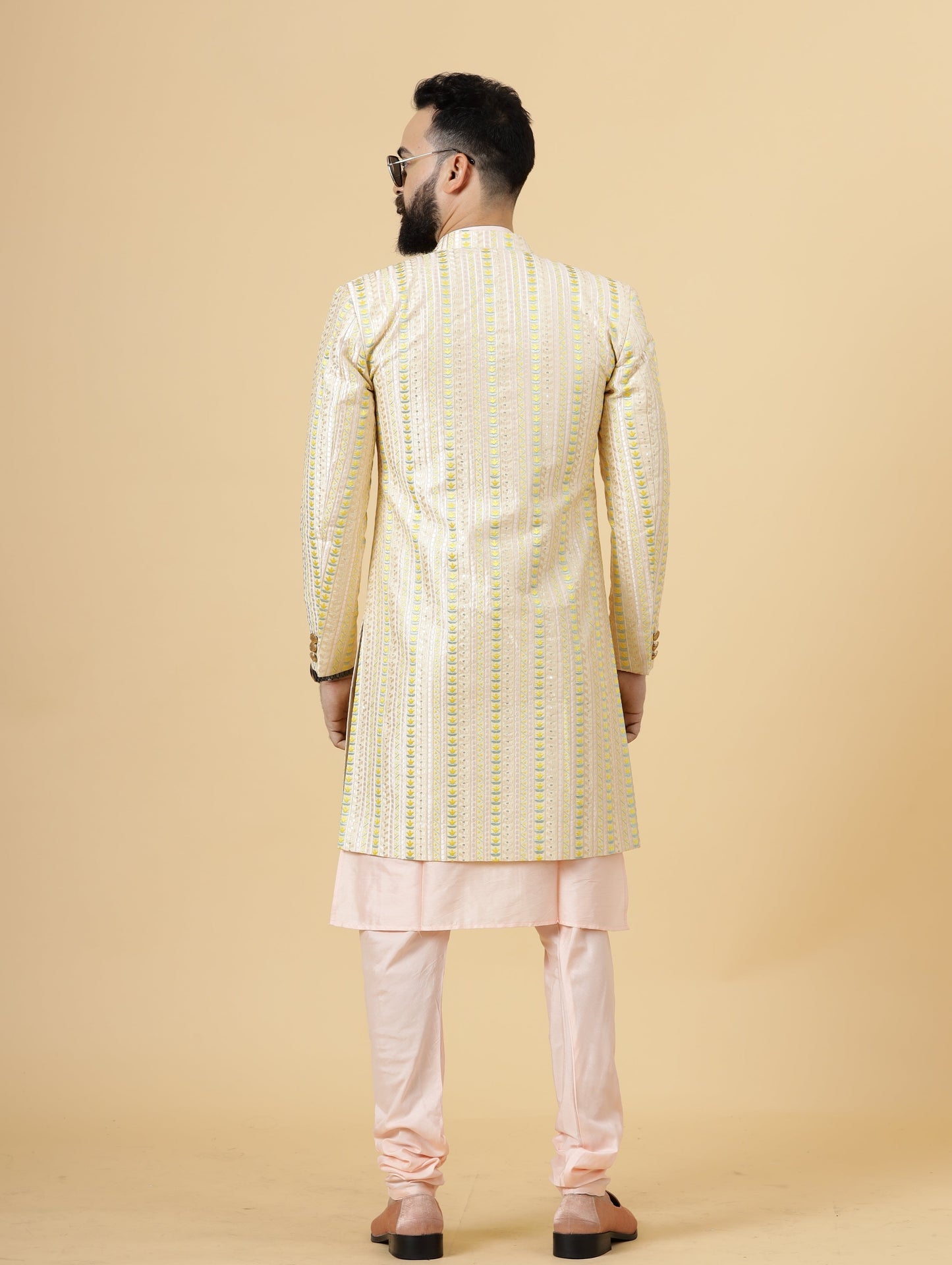 Alluring Pastel Thread Embroidered Cream Open Sherwani with Off-White Kurta Pajama for Men | Father Son Combo |Cream Sherwani | Perfect for Grooms