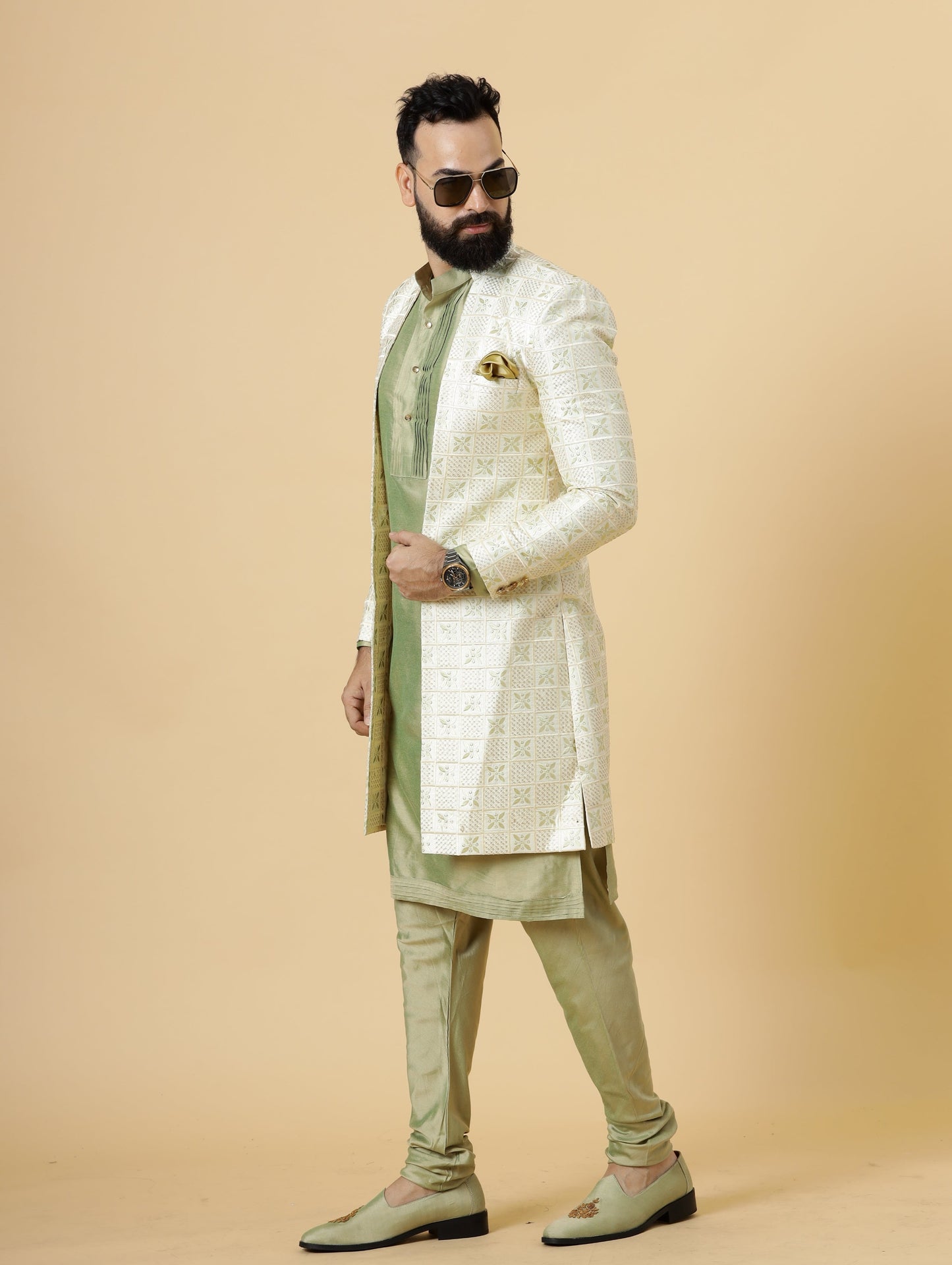 Alluring Cream Geometrical thread embroidered Open Sherwani with Lime Green Kurta-Pajama for Men | Father Son Combo |Cream Sherwani | Perfect for Grooms