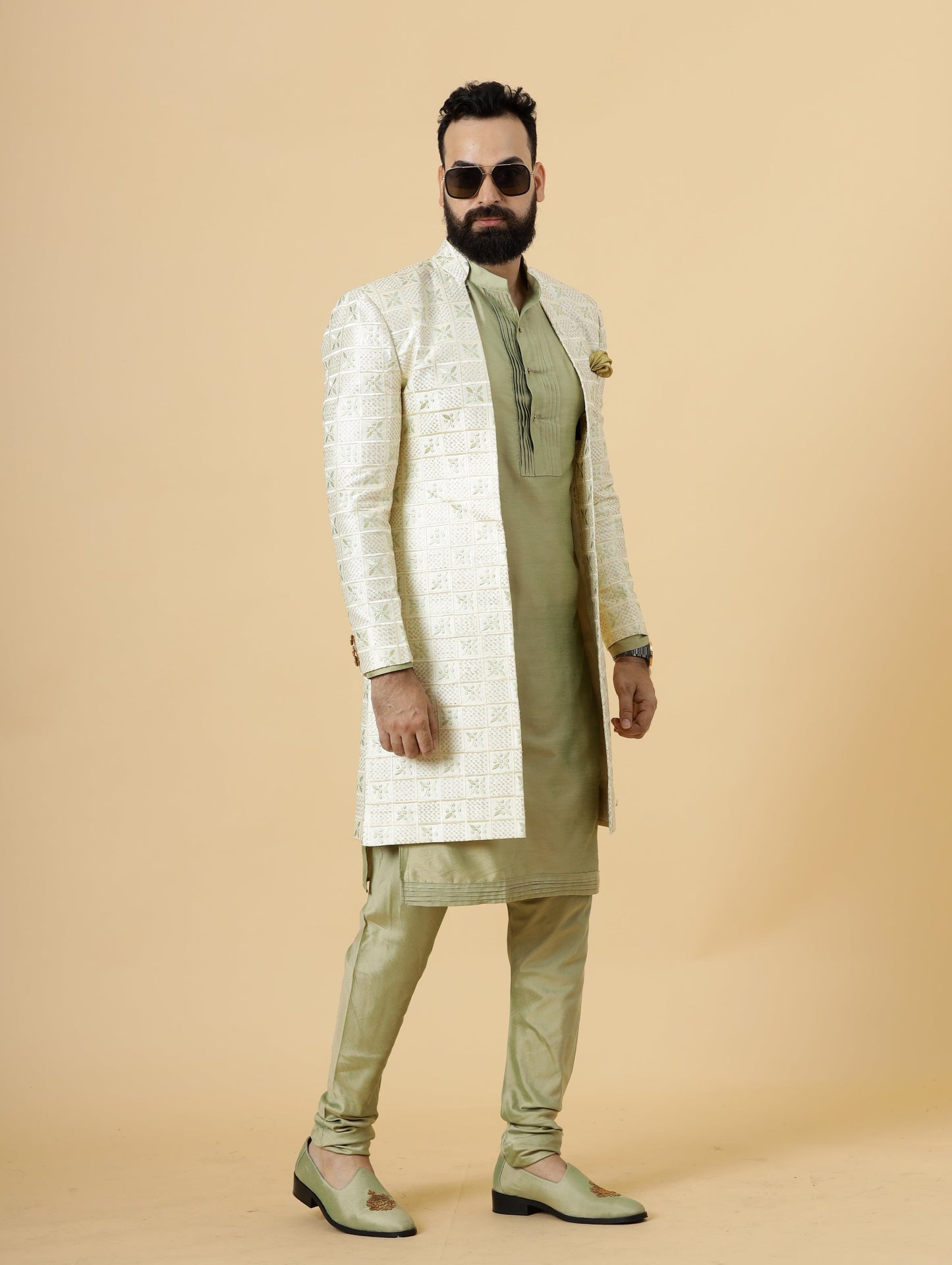 Alluring Cream Geometrical thread embroidered Open Sherwani with Lime Green Kurta-Pajama for Men | Father Son Combo |Cream Sherwani | Perfect for Grooms