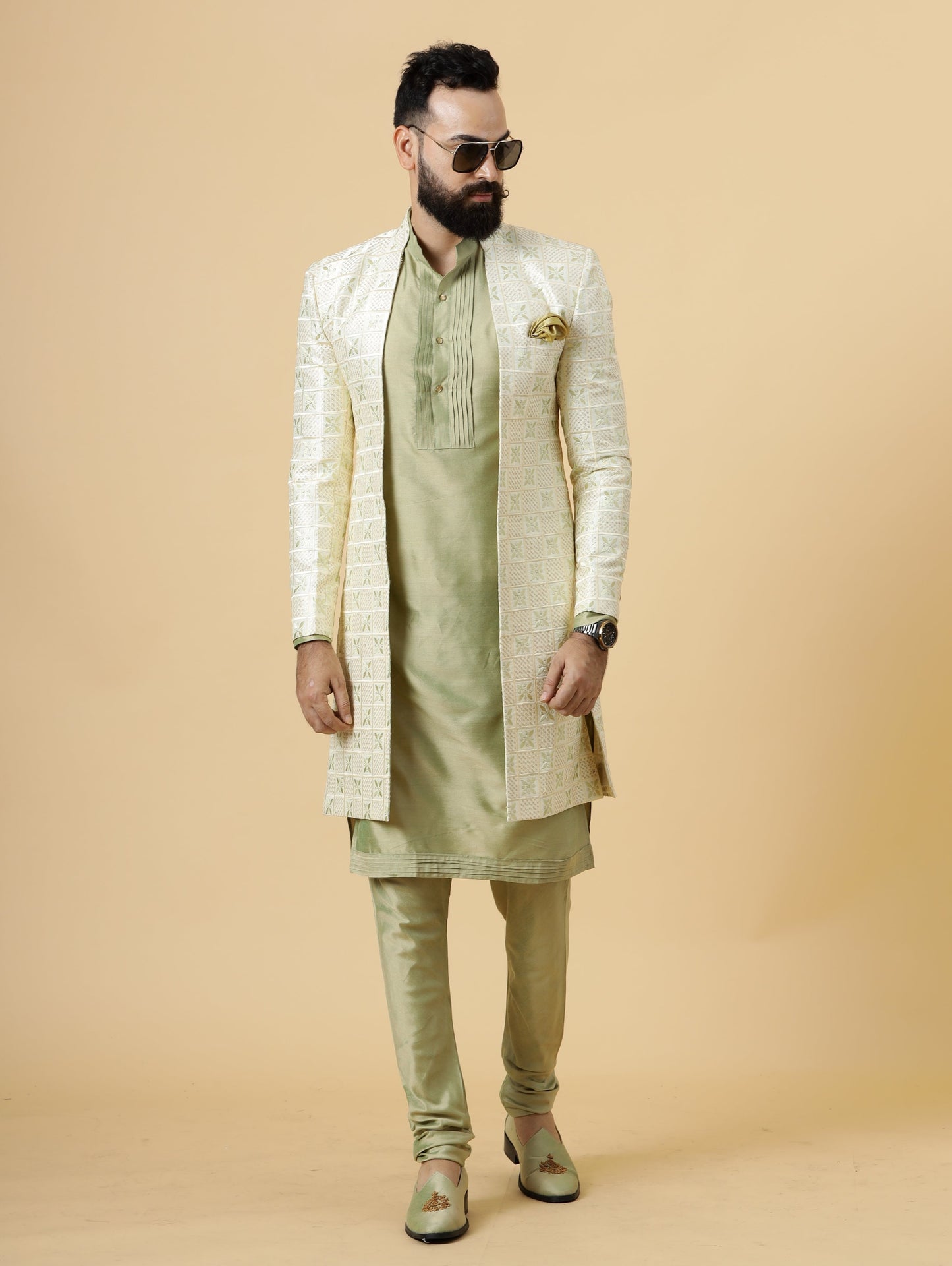 Alluring Cream Geometrical thread embroidered Open Sherwani with Lime Green Kurta-Pajama for Men | Father Son Combo |Cream Sherwani | Perfect for Grooms