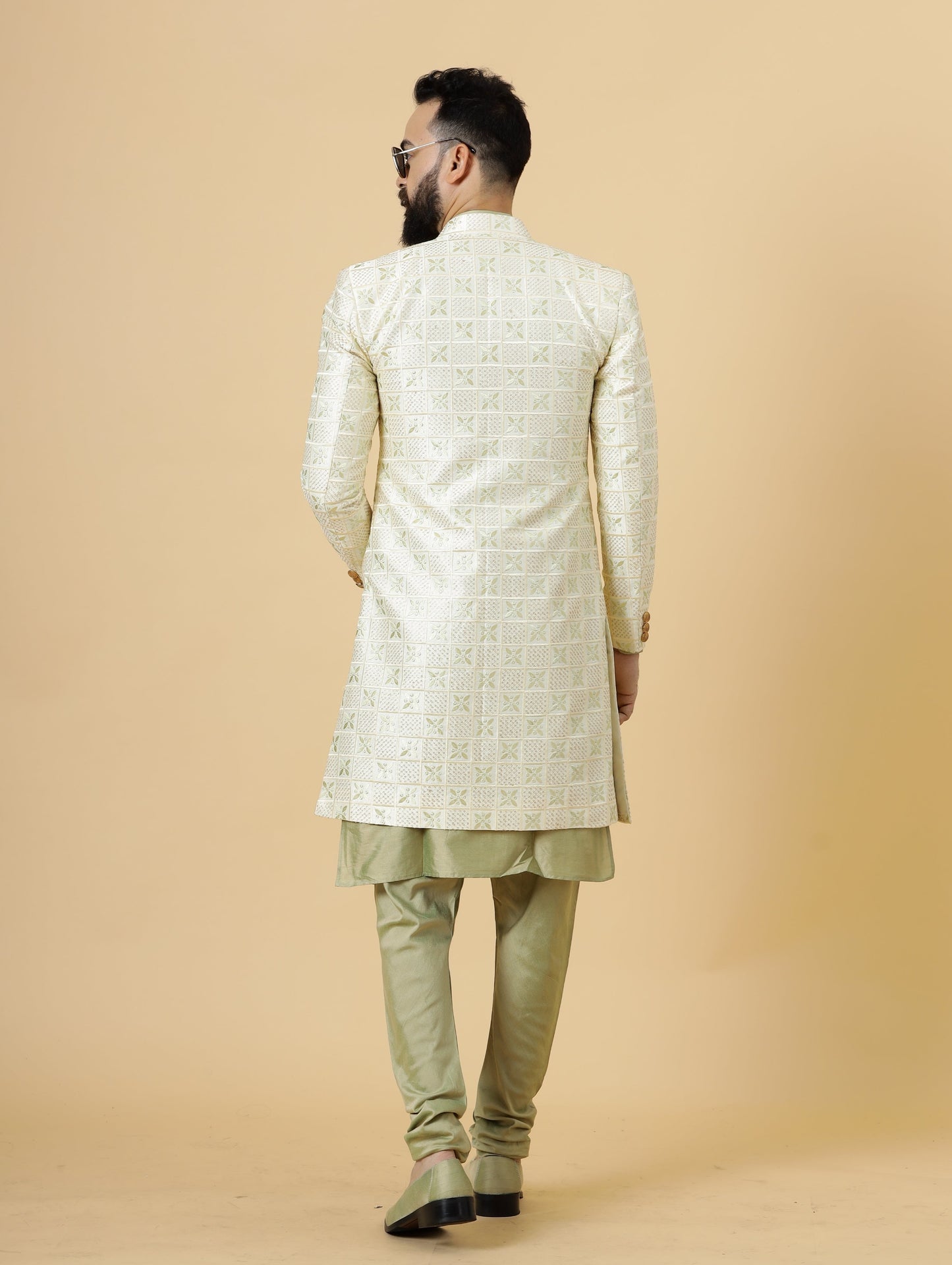 Alluring Cream Geometrical thread embroidered Open Sherwani with Lime Green Kurta-Pajama for Men | Father Son Combo |Cream Sherwani | Perfect for Grooms