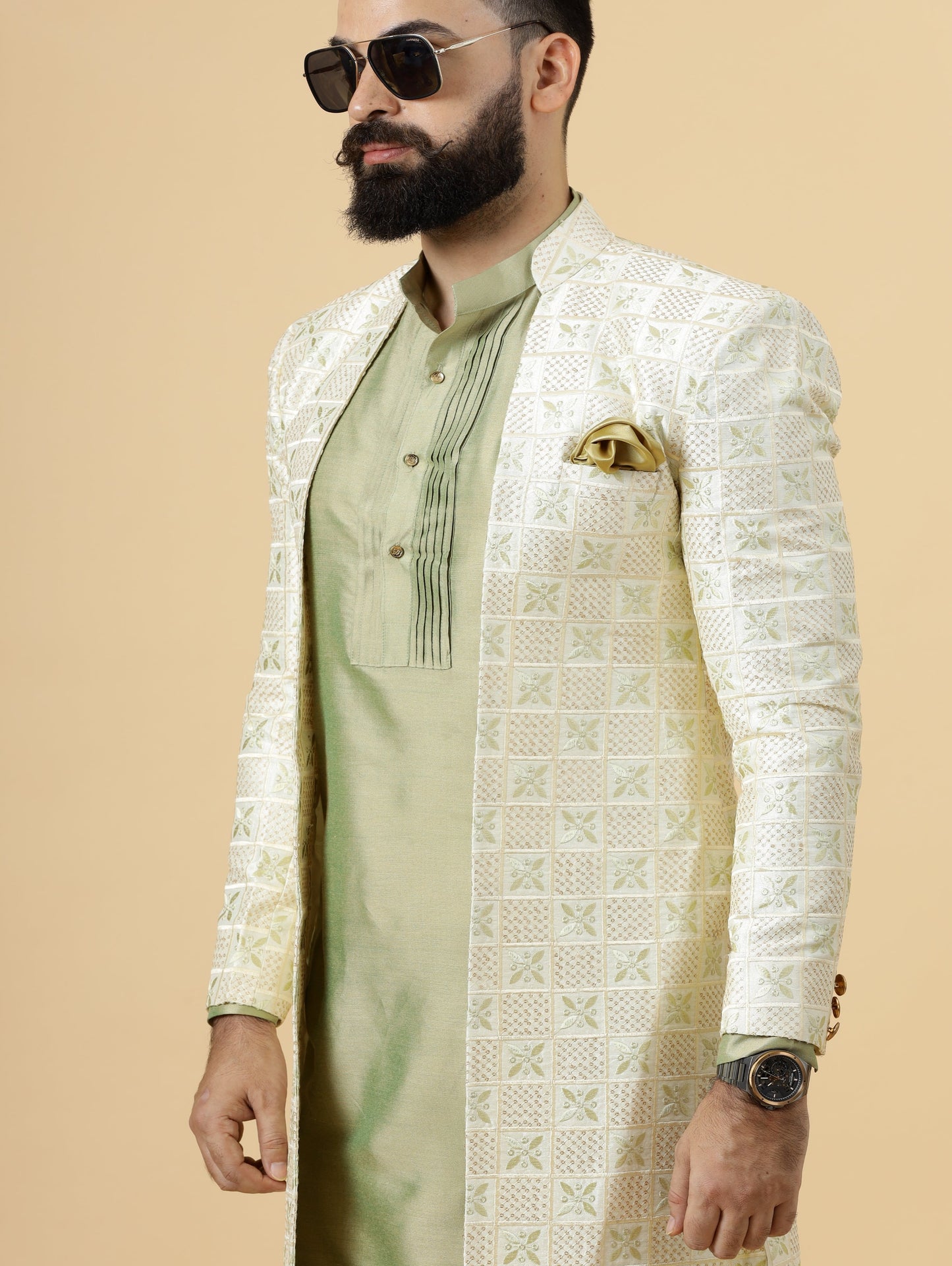 Alluring Cream Geometrical thread embroidered Open Sherwani with Lime Green Kurta-Pajama for Men | Father Son Combo |Cream Sherwani | Perfect for Grooms