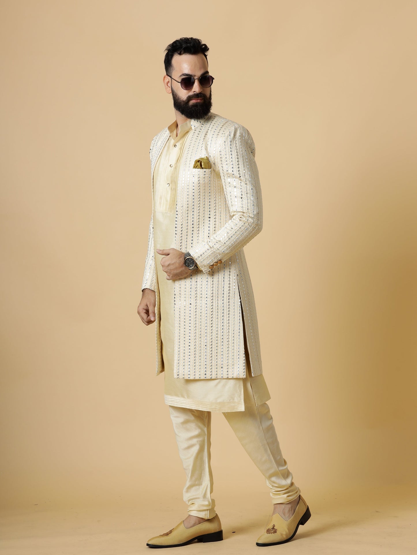 Alluring Mirror Embroidered Cream Open Sherwani with Cream Kurta Pajama for Men | Father Son Combo |Cream Sherwani | Perfect for Grooms