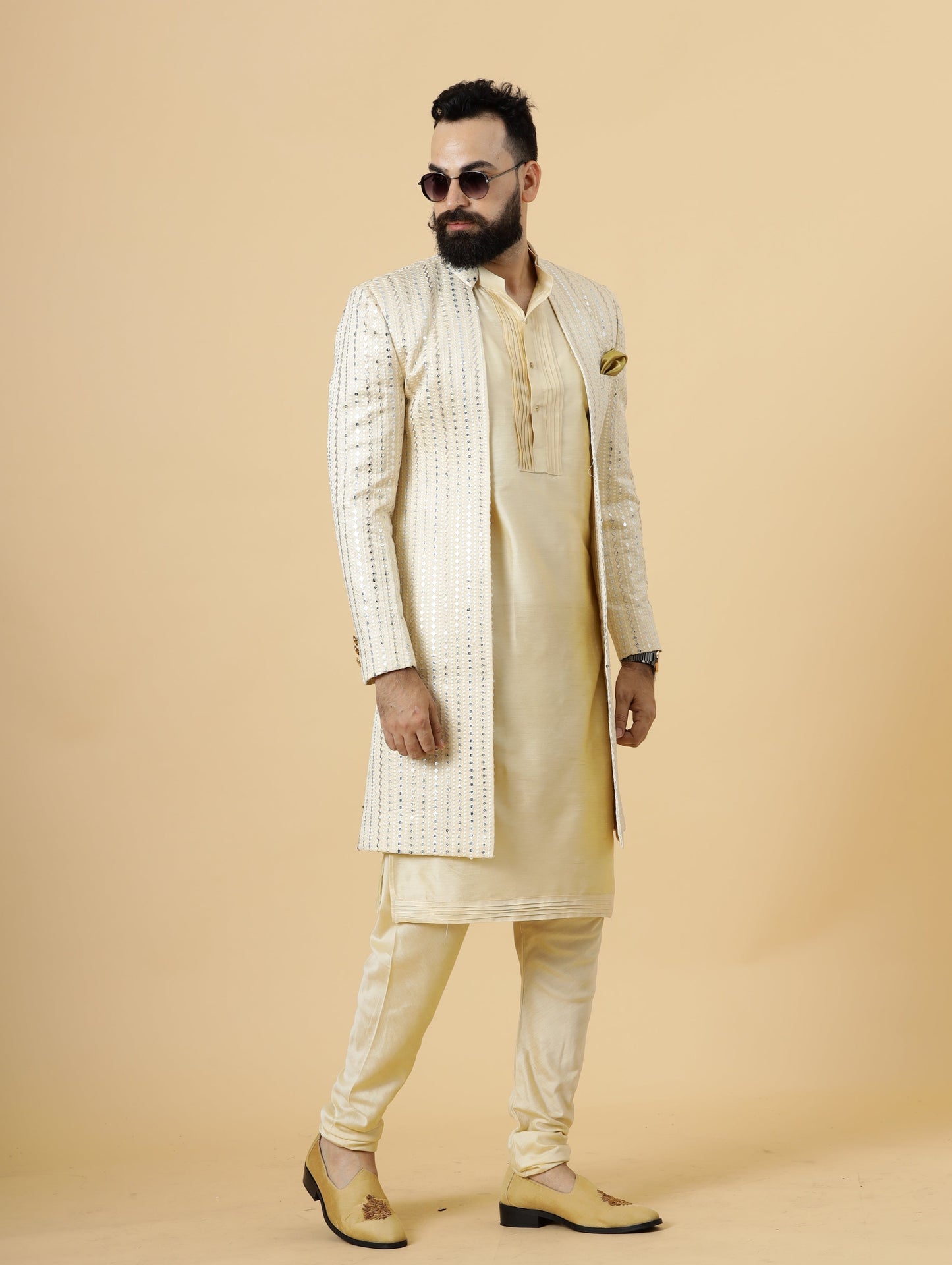 Alluring Mirror Embroidered Cream Open Sherwani with Cream Kurta Pajama for Men | Father Son Combo |Cream Sherwani | Perfect for Grooms