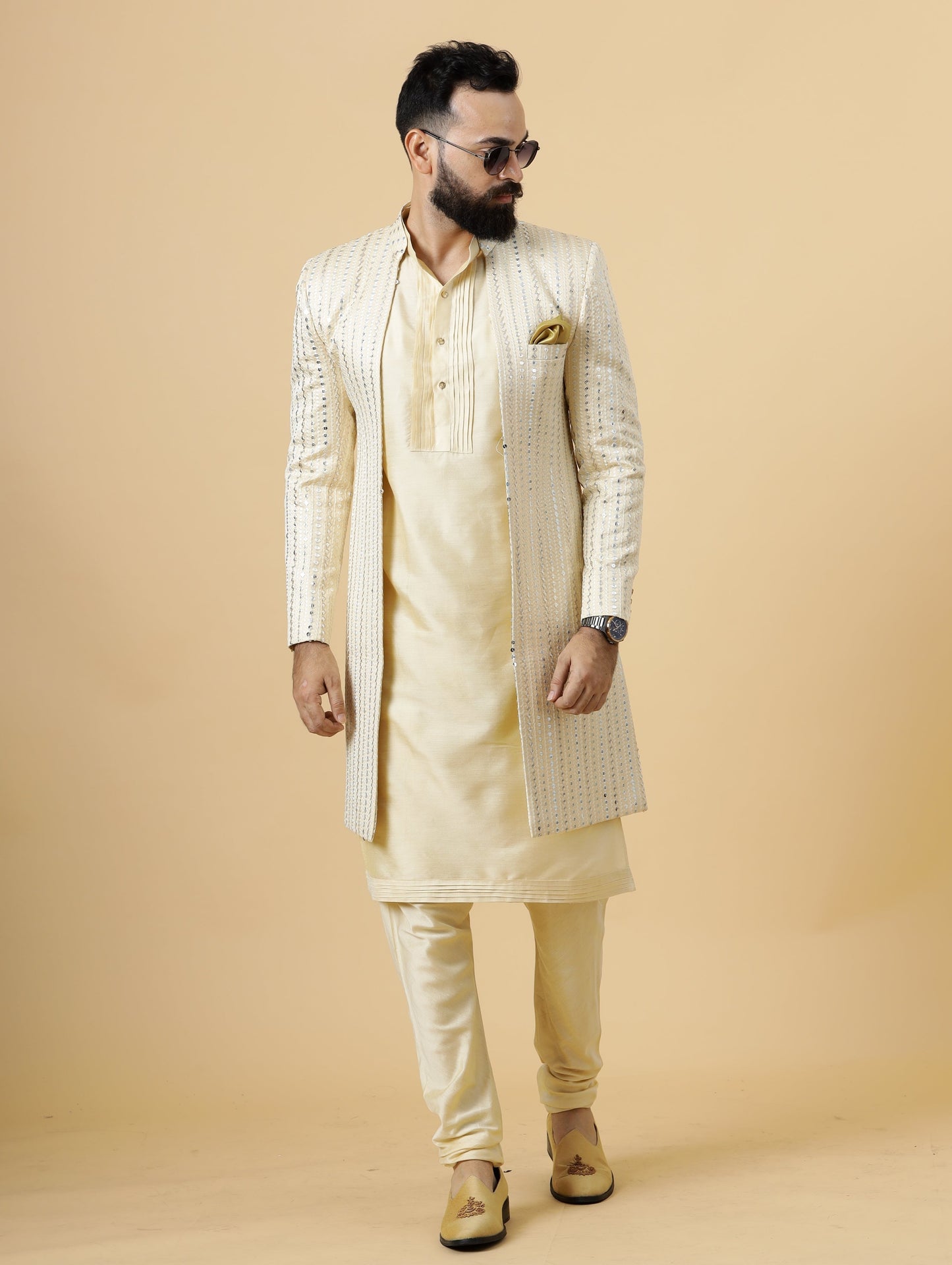Alluring Mirror Embroidered Cream Open Sherwani with Cream Kurta Pajama for Men | Father Son Combo |Cream Sherwani | Perfect for Grooms