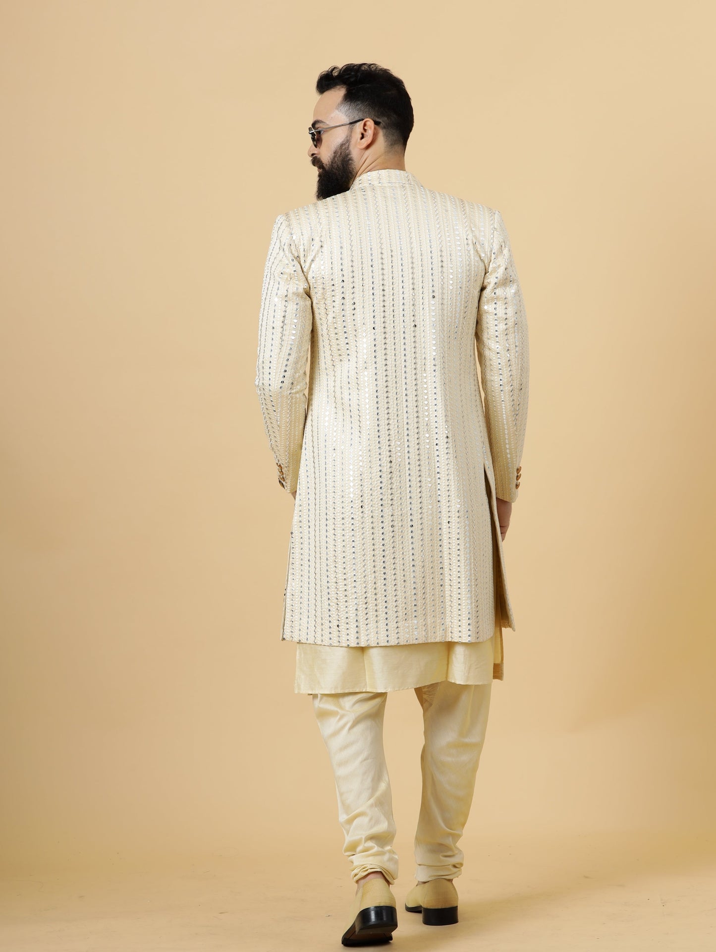 Alluring Mirror Embroidered Cream Open Sherwani with Cream Kurta Pajama for Men | Father Son Combo |Cream Sherwani | Perfect for Grooms