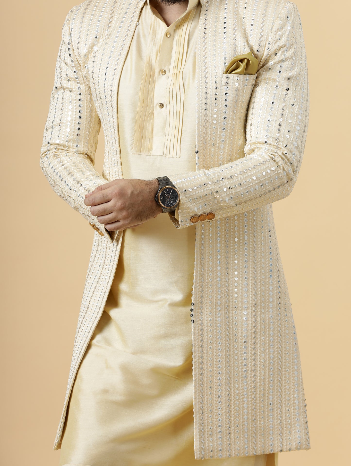 Alluring Mirror Embroidered Cream Open Sherwani with Cream Kurta Pajama for Men | Father Son Combo |Cream Sherwani | Perfect for Grooms