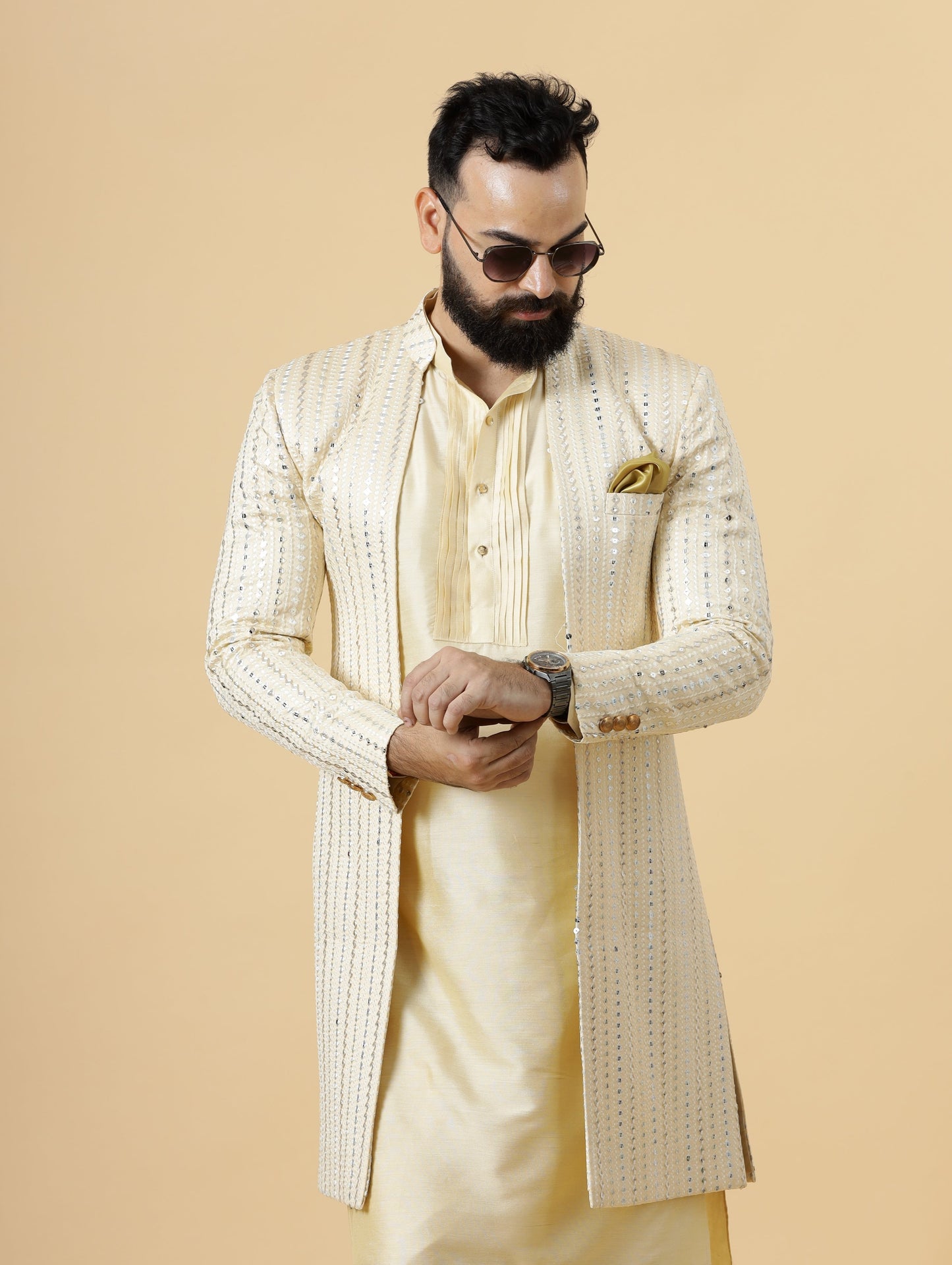 Alluring Mirror Embroidered Cream Open Sherwani with Cream Kurta Pajama for Men | Father Son Combo |Cream Sherwani | Perfect for Grooms