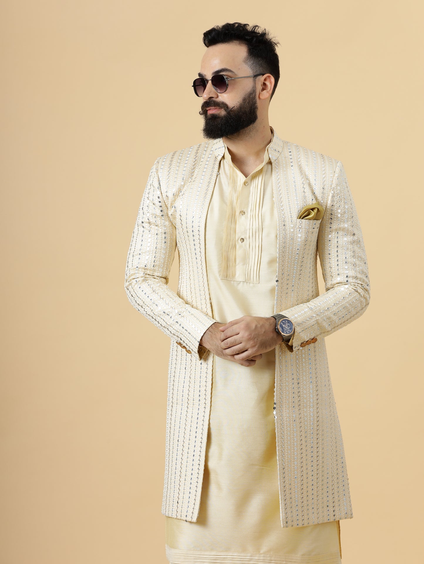 Alluring Mirror Embroidered Cream Open Sherwani with Cream Kurta Pajama for Men | Father Son Combo |Cream Sherwani | Perfect for Grooms