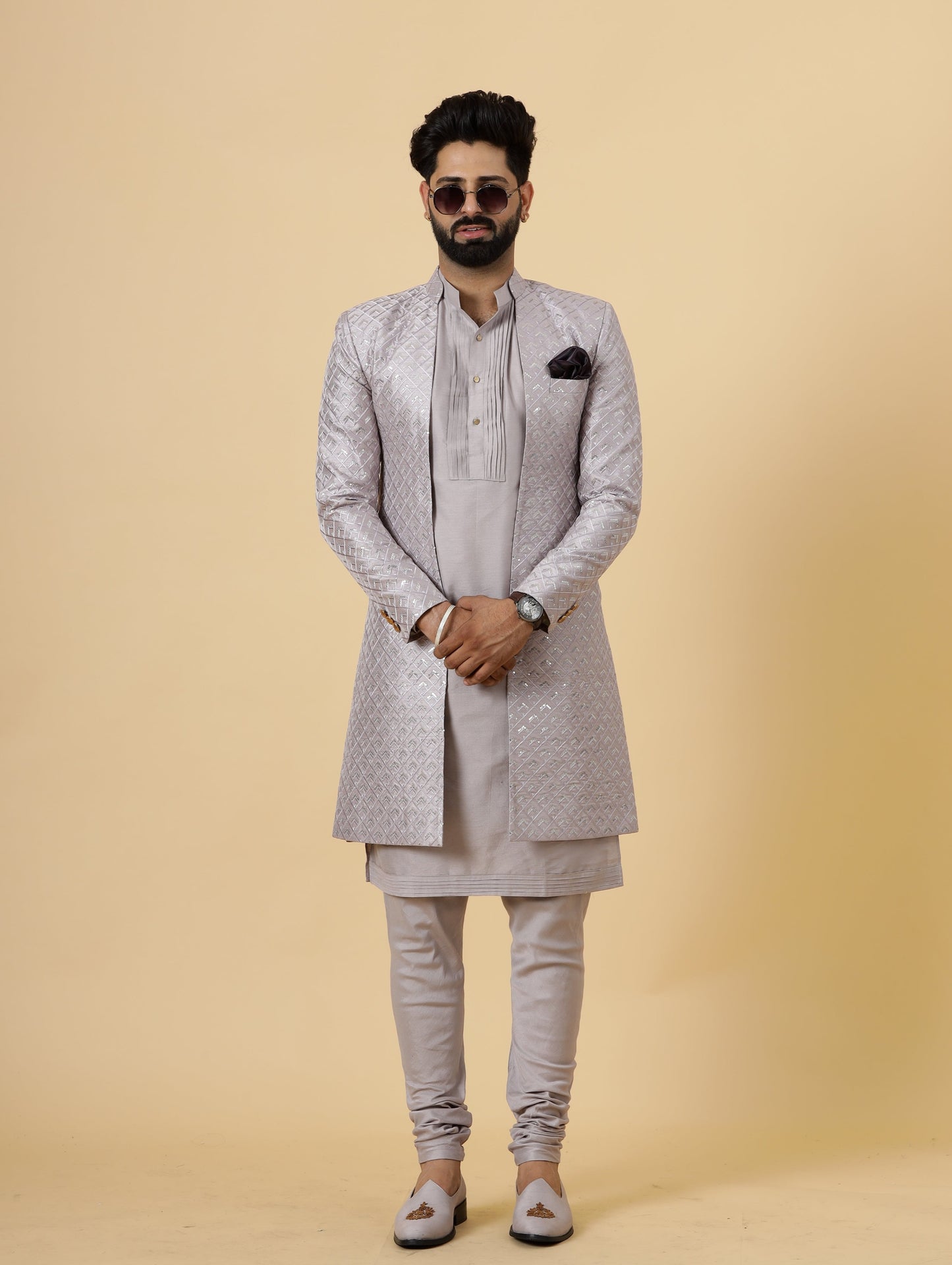 Handmade Lilac Geometrical Sequin Embroidered Open Sherwani with Lilac Kurta-Pajama for Men | Father Son Combo | Lilac Sherwani | Perfect for Grooms