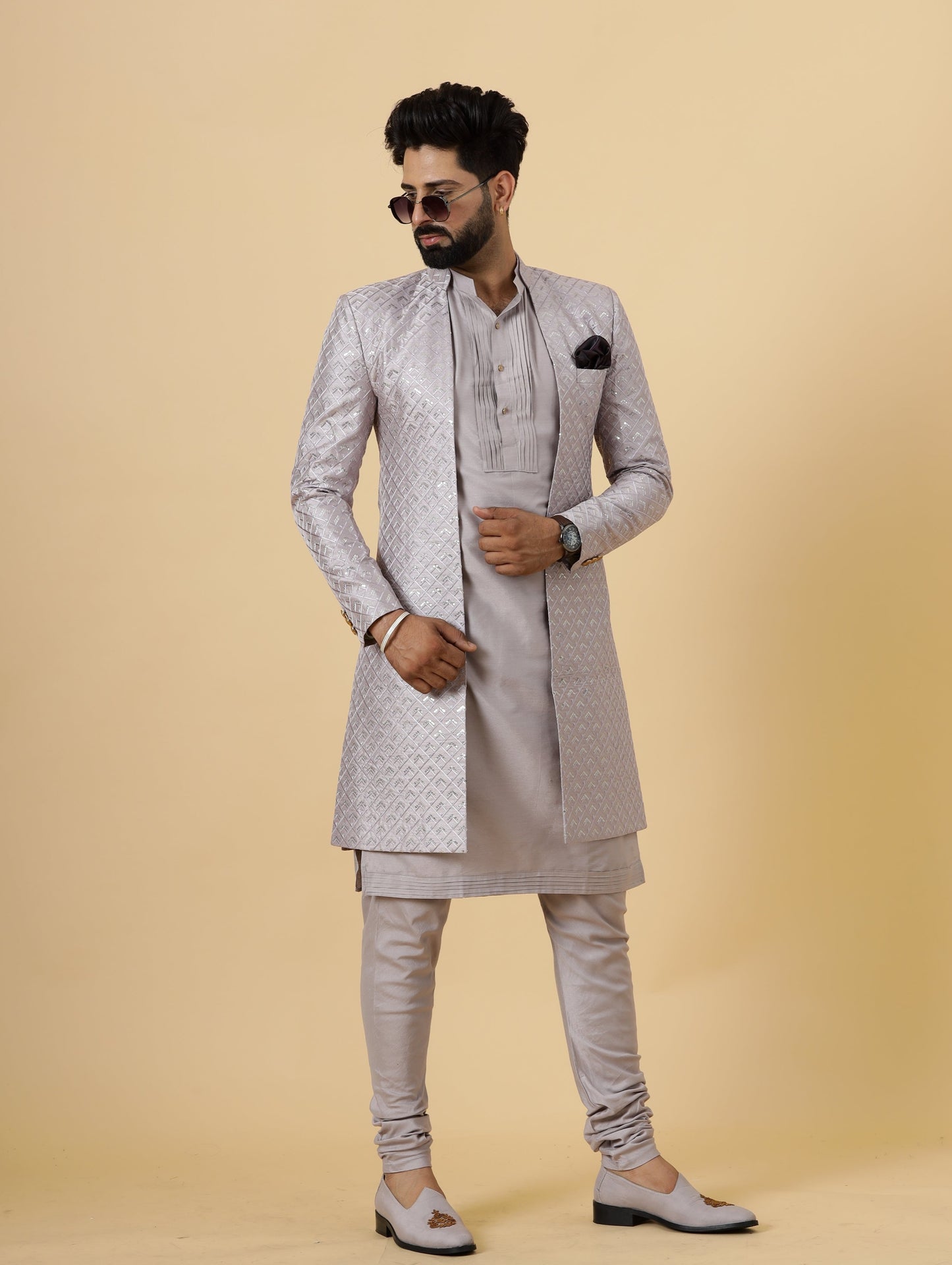 Handmade Lilac Geometrical Sequin Embroidered Open Sherwani with Lilac Kurta-Pajama for Men | Father Son Combo | Lilac Sherwani | Perfect for Grooms