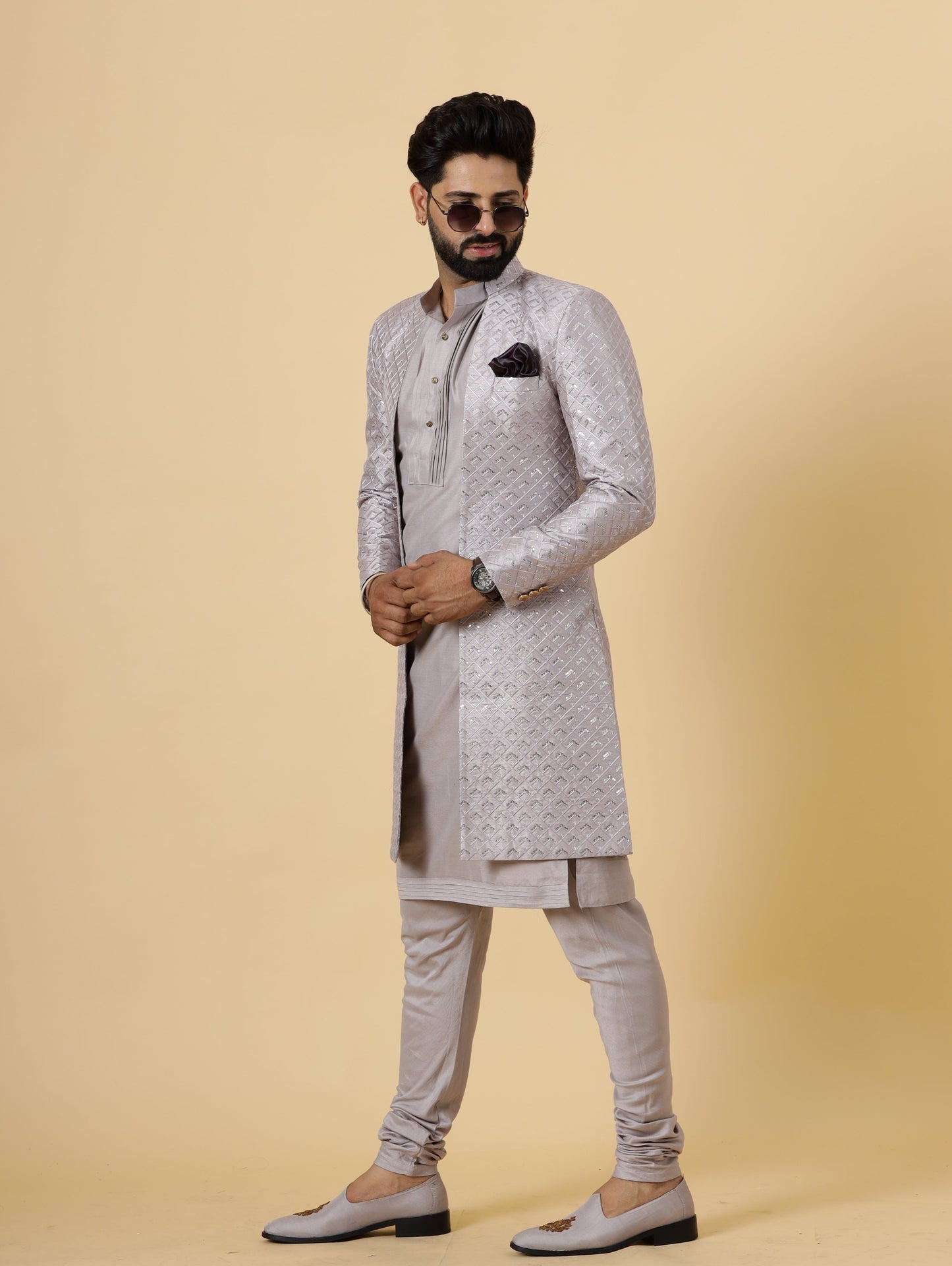 Handmade Lilac Geometrical Sequin Embroidered Open Sherwani with Lilac Kurta-Pajama for Men | Father Son Combo | Lilac Sherwani | Perfect for Grooms