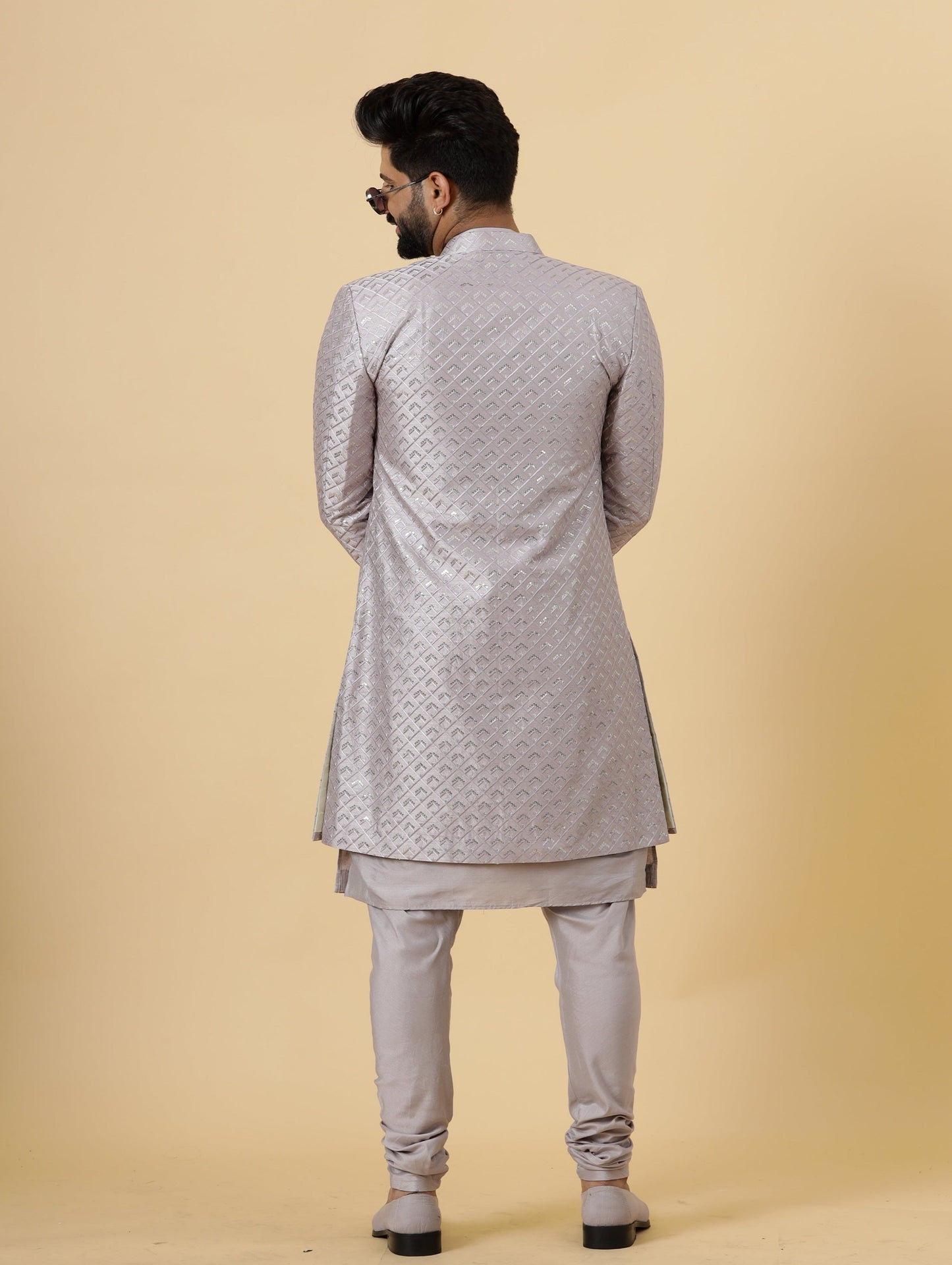 Handmade Lilac Geometrical Sequin Embroidered Open Sherwani with Lilac Kurta-Pajama for Men | Father Son Combo | Lilac Sherwani | Perfect for Grooms