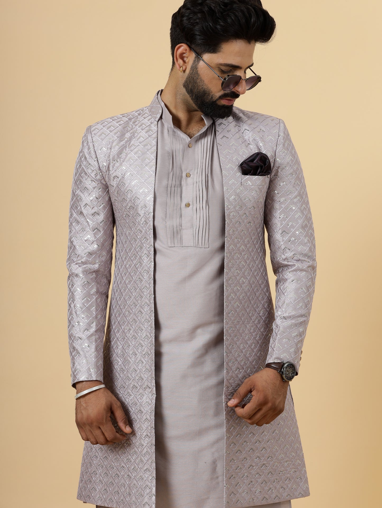 Handmade Lilac Geometrical Sequin Embroidered Open Sherwani with Lilac Kurta-Pajama for Men | Father Son Combo | Lilac Sherwani | Perfect for Grooms