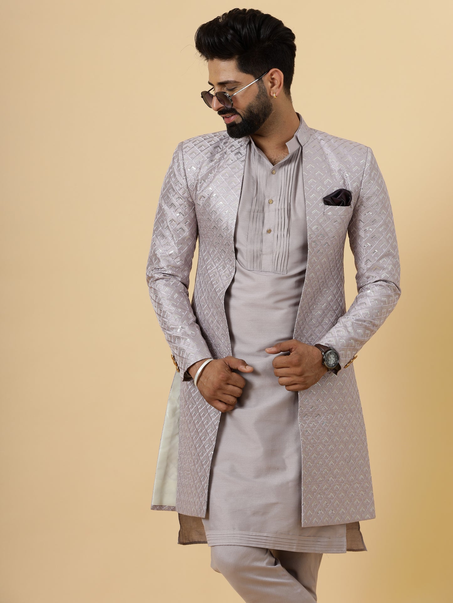 Handmade Lilac Geometrical Sequin Embroidered Open Sherwani with Lilac Kurta-Pajama for Men | Father Son Combo | Lilac Sherwani | Perfect for Grooms