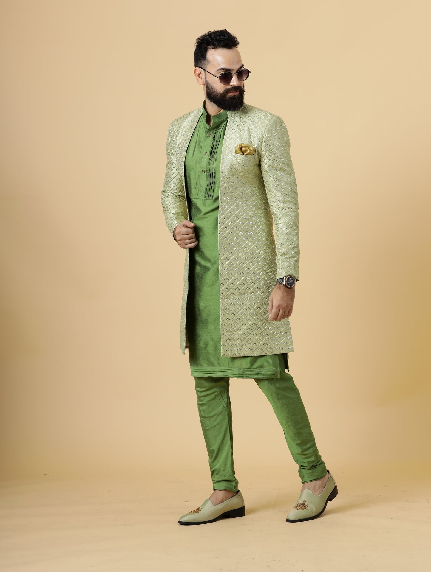 Handmade Lime Green Geometrical Embroidered Open Sherwani with Green Kurta Pajama for Men | Father Son Combo |Lime Green Sherwani | Perfect for Grooms