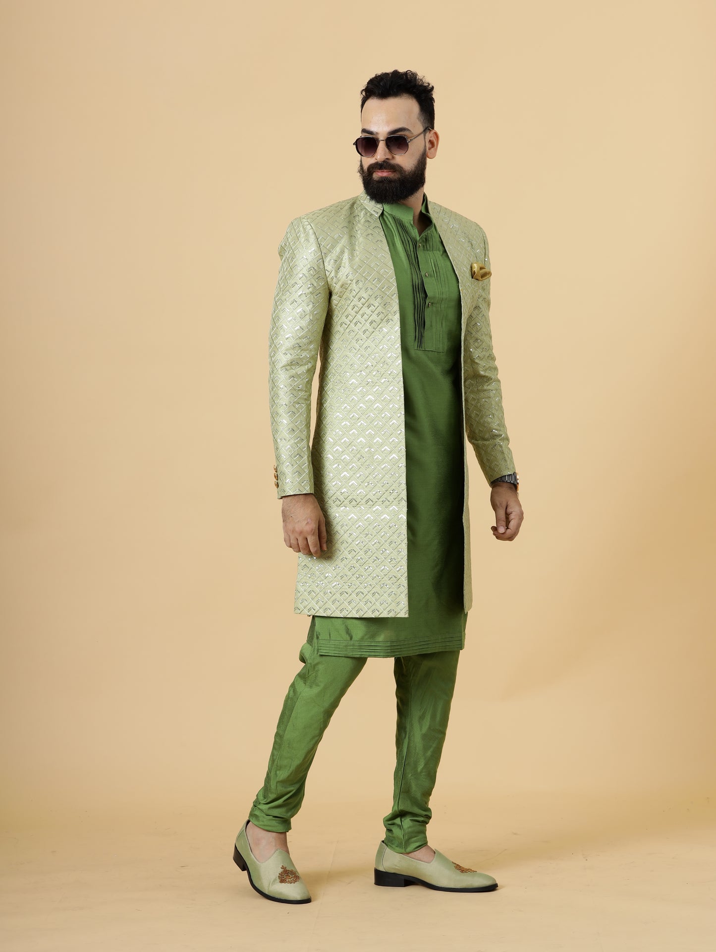 Handmade Lime Green Geometrical Embroidered Open Sherwani with Green Kurta Pajama for Men | Father Son Combo |Lime Green Sherwani | Perfect for Grooms