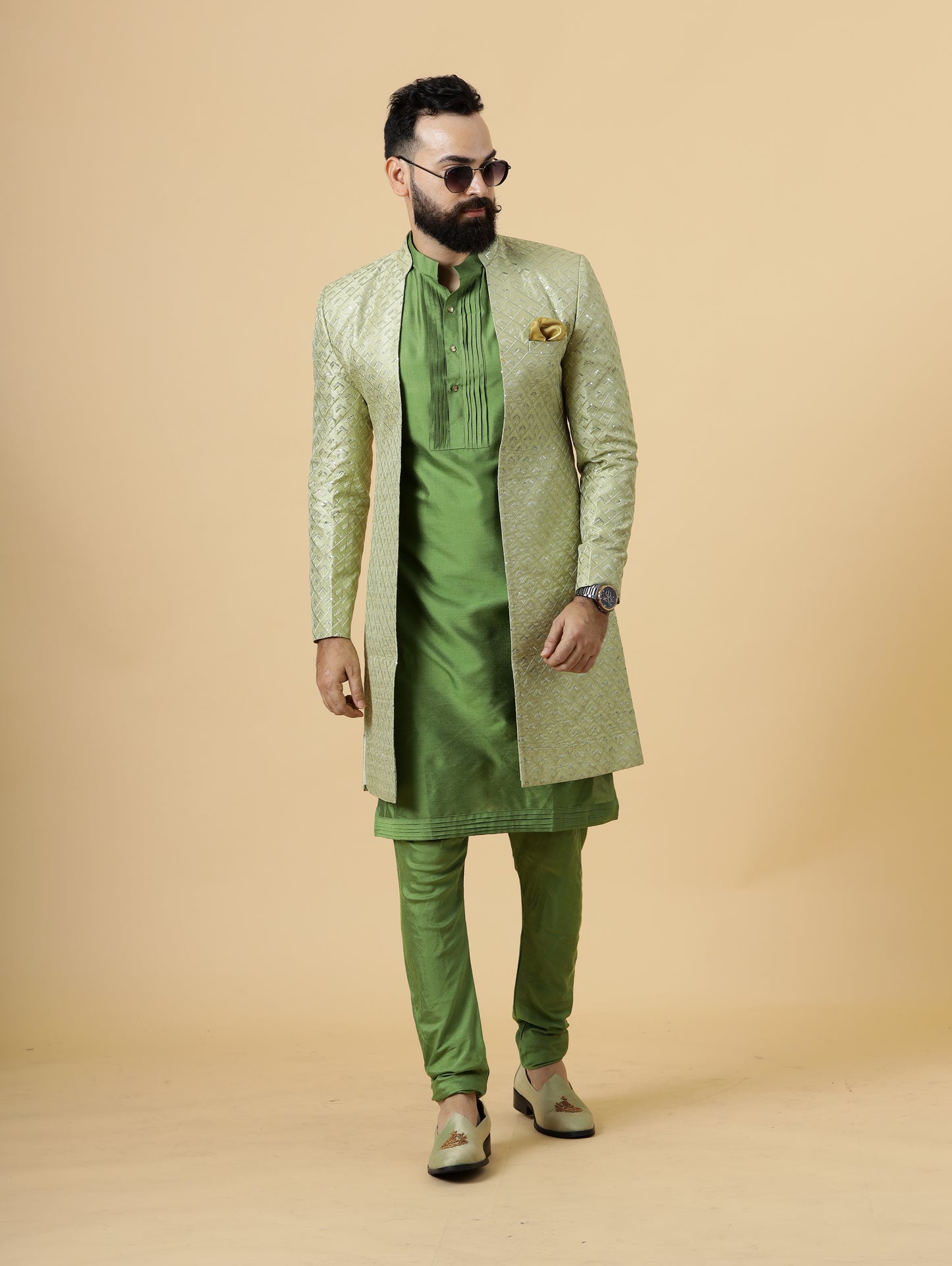 Handmade Lime Green Geometrical Embroidered Open Sherwani with Green Kurta Pajama for Men | Father Son Combo |Lime Green Sherwani | Perfect for Grooms