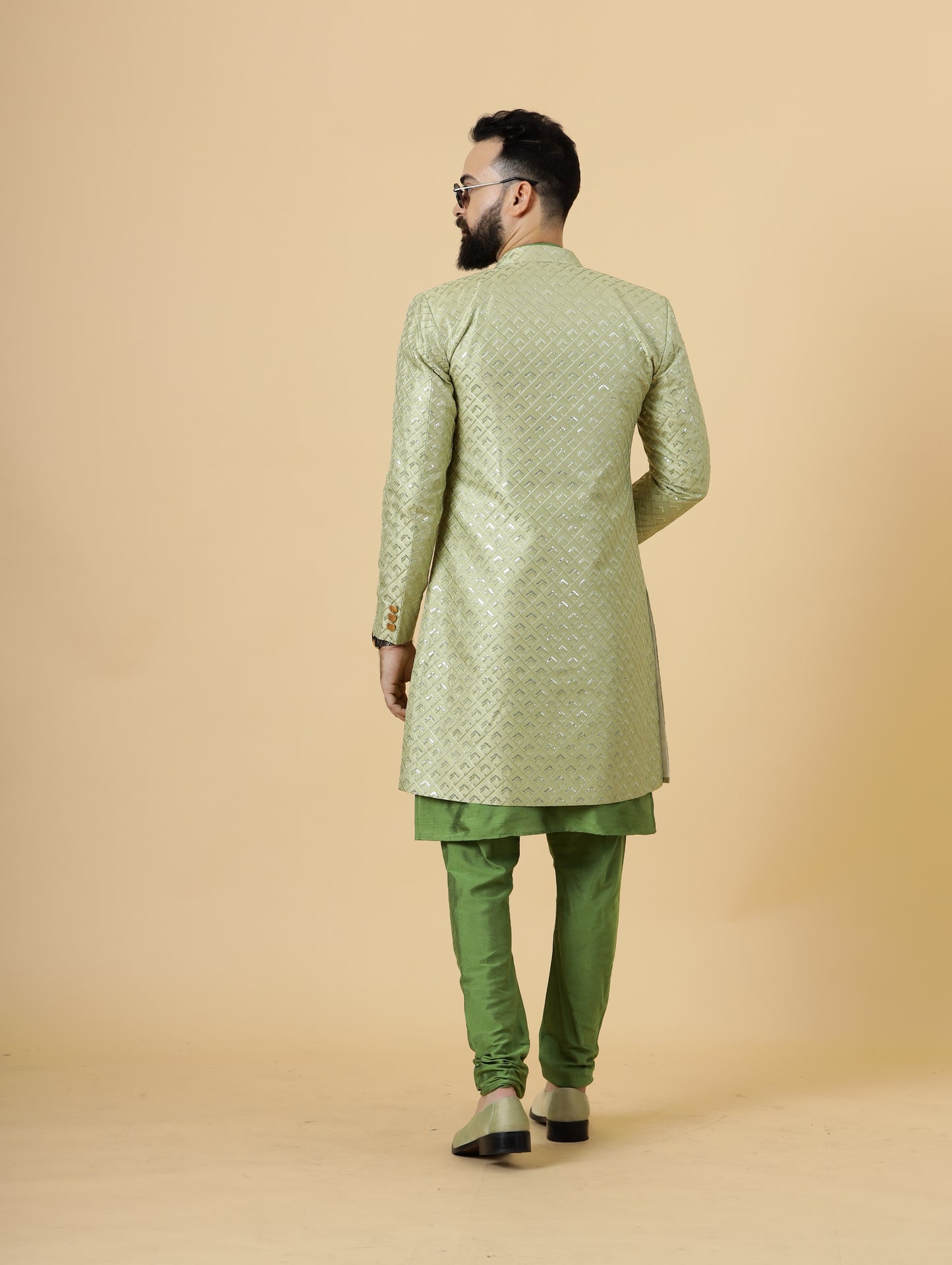 Handmade Lime Green Geometrical Embroidered Open Sherwani with Green Kurta Pajama for Men | Father Son Combo |Lime Green Sherwani | Perfect for Grooms