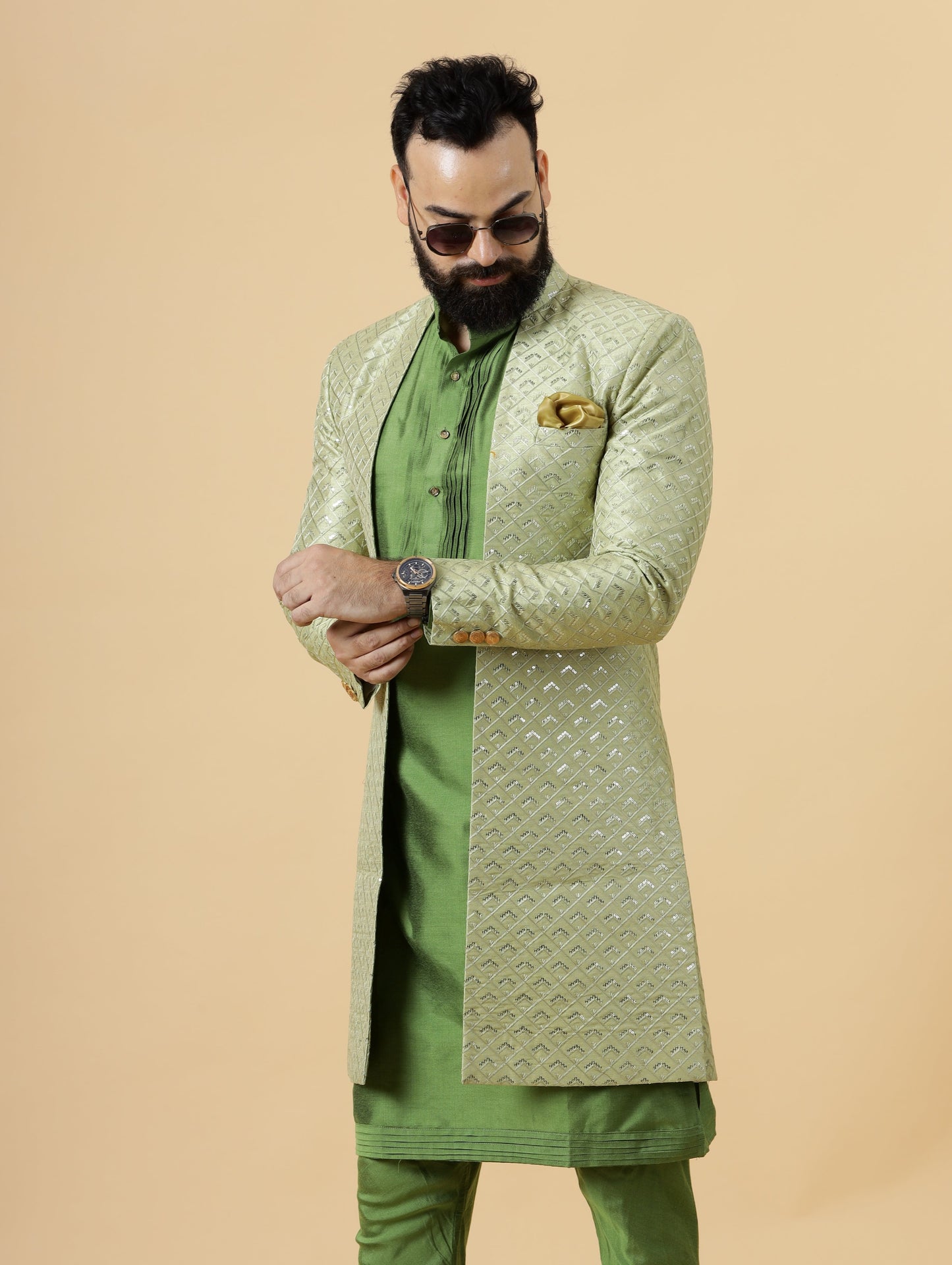Handmade Lime Green Geometrical Embroidered Open Sherwani with Green Kurta Pajama for Men | Father Son Combo |Lime Green Sherwani | Perfect for Grooms