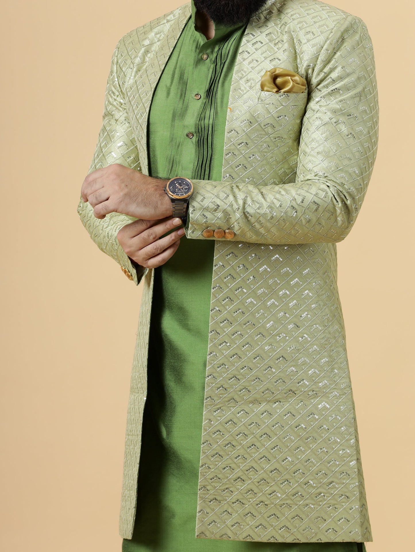 Handmade Lime Green Geometrical Embroidered Open Sherwani with Green Kurta Pajama for Men | Father Son Combo |Lime Green Sherwani | Perfect for Grooms