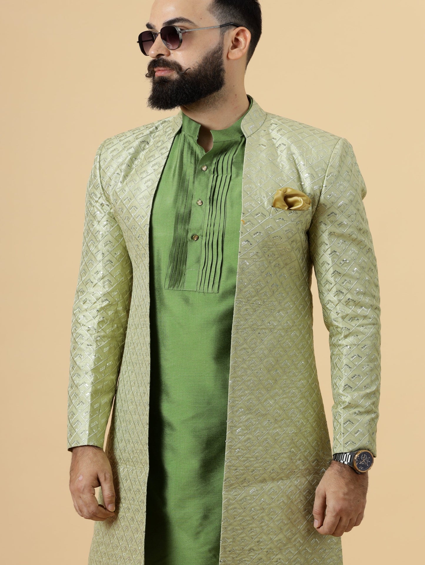 Handmade Lime Green Geometrical Embroidered Open Sherwani with Green Kurta Pajama for Men | Father Son Combo |Lime Green Sherwani | Perfect for Grooms