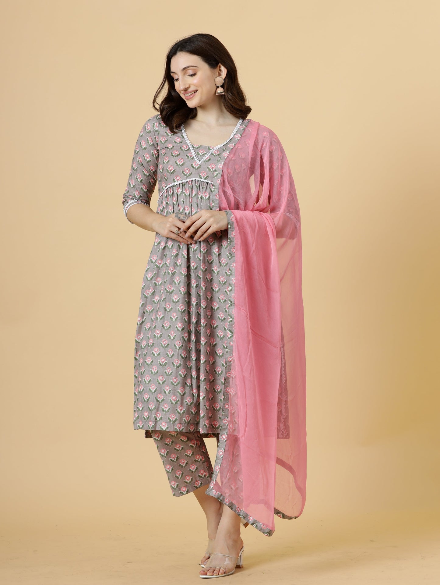 Elegant Neutral Grey Block Printed Sanganeri Kurti-Palazzo Set