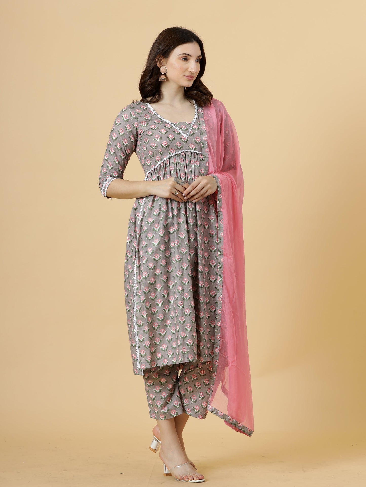 Elegant Neutral Grey Block Printed Sanganeri Kurti-Palazzo Set