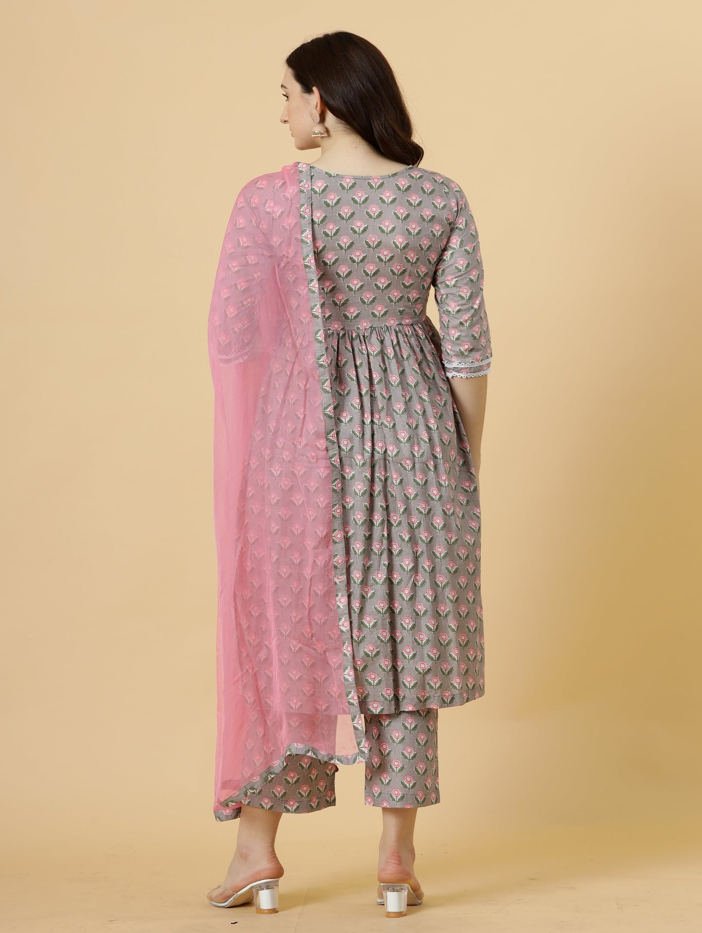 Elegant Neutral Grey Block Printed Sanganeri Kurti-Palazzo Set
