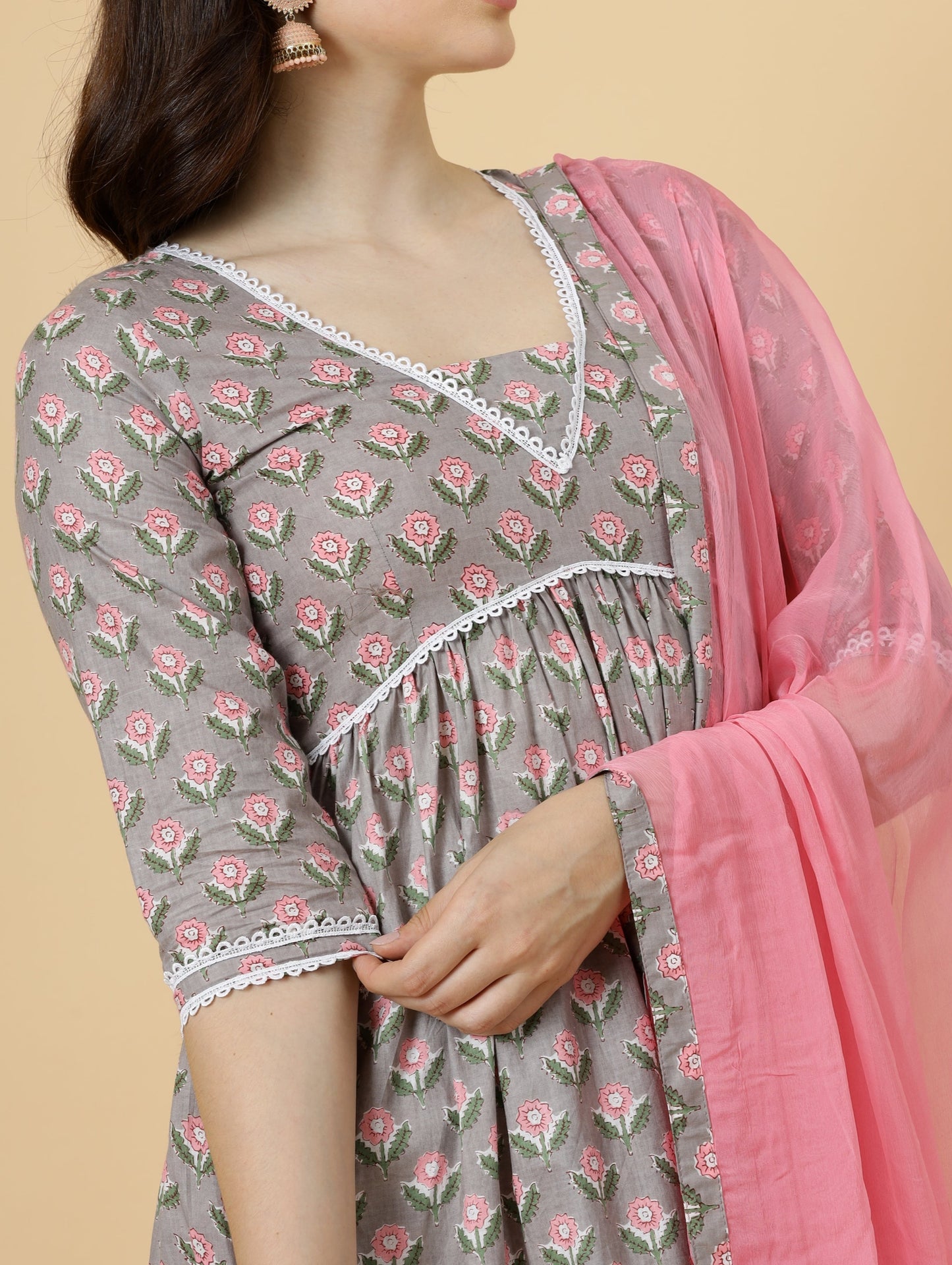 Elegant Neutral Grey Block Printed Sanganeri Kurti-Palazzo Set