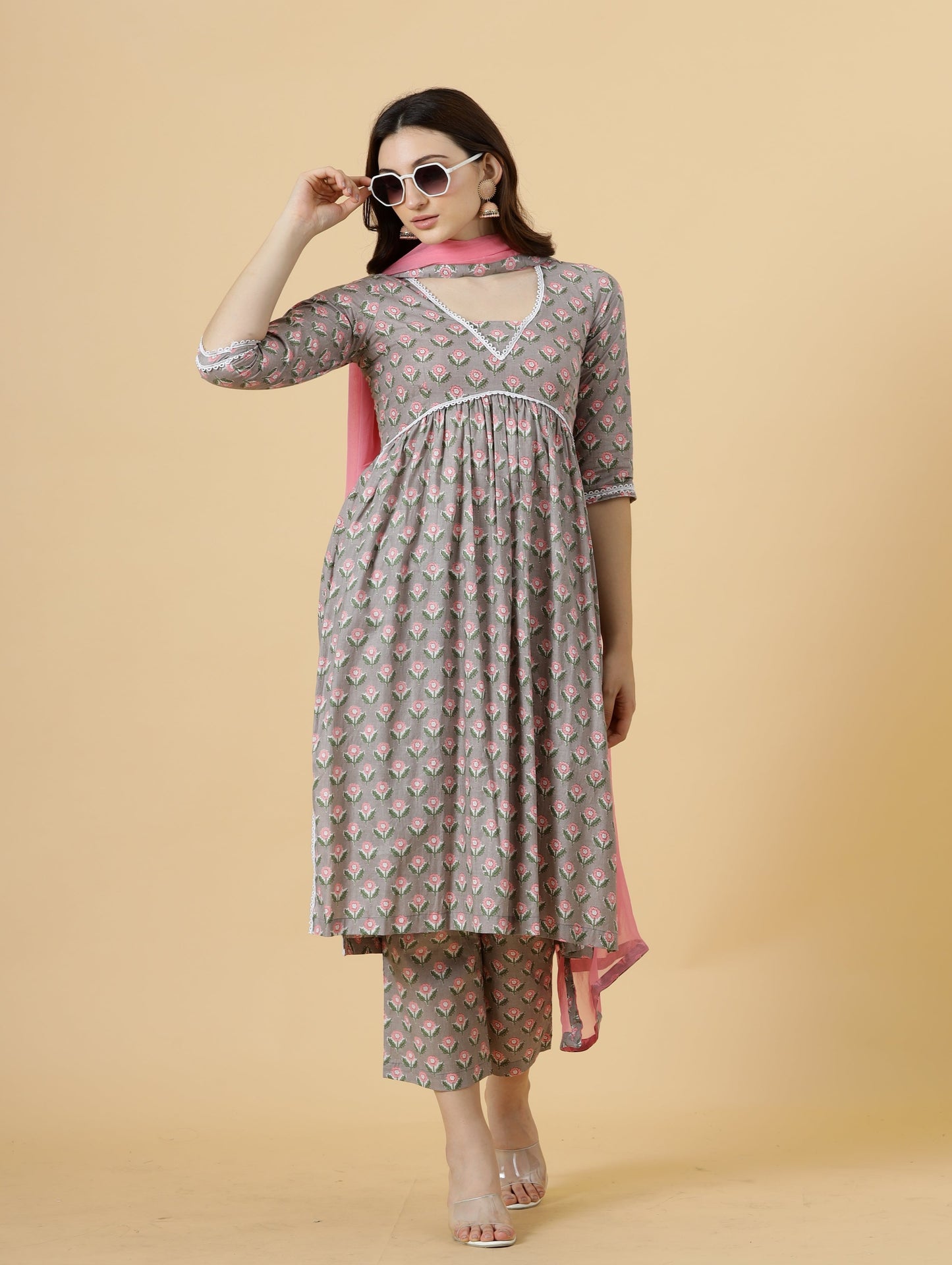 Elegant Neutral Grey Block Printed Sanganeri Kurti-Palazzo Set