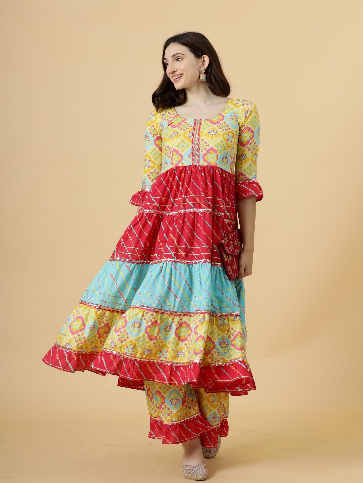 Stylish Multicolor Sanganeri Frock Kurti-Palazzo Set