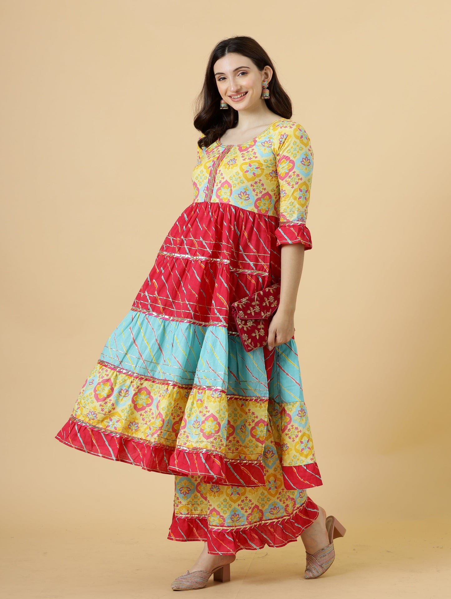 Stylish Multicolor Sanganeri Frock Kurti-Palazzo Set