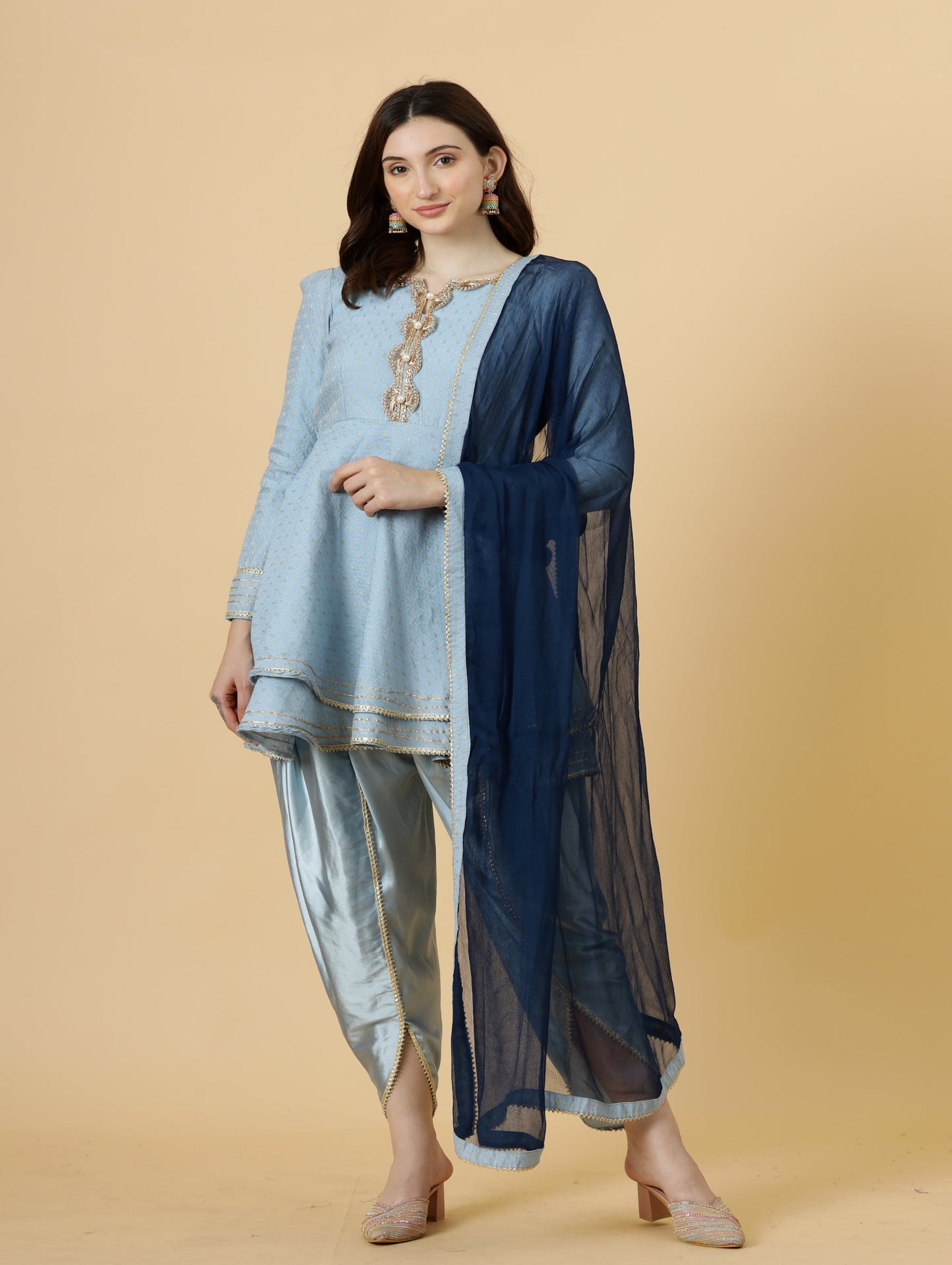 Alluring Powder Blue Brocade Silk Short Kurti with Tulip Pants