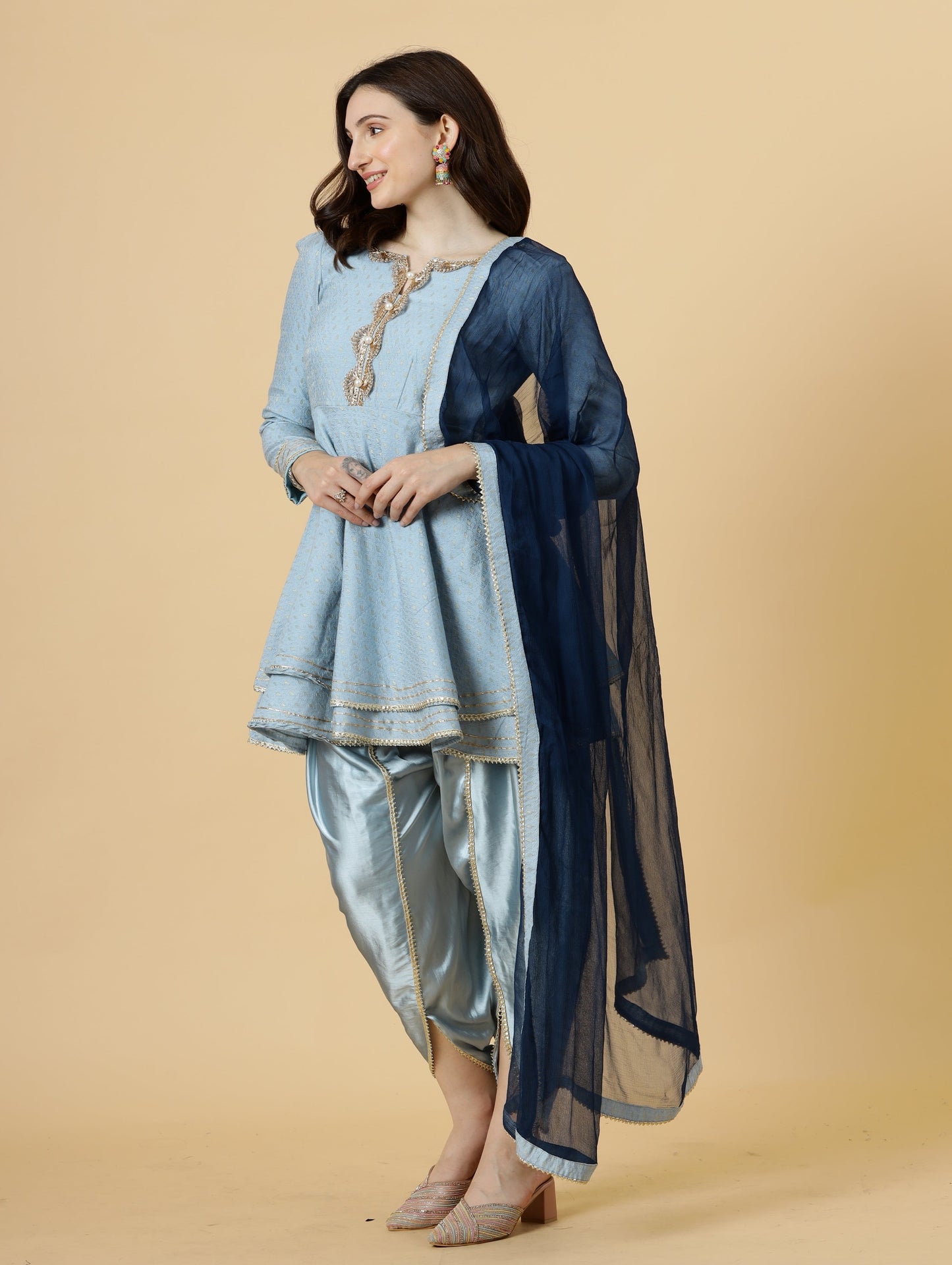 Alluring Powder Blue Brocade Silk Short Kurti with Tulip Pants