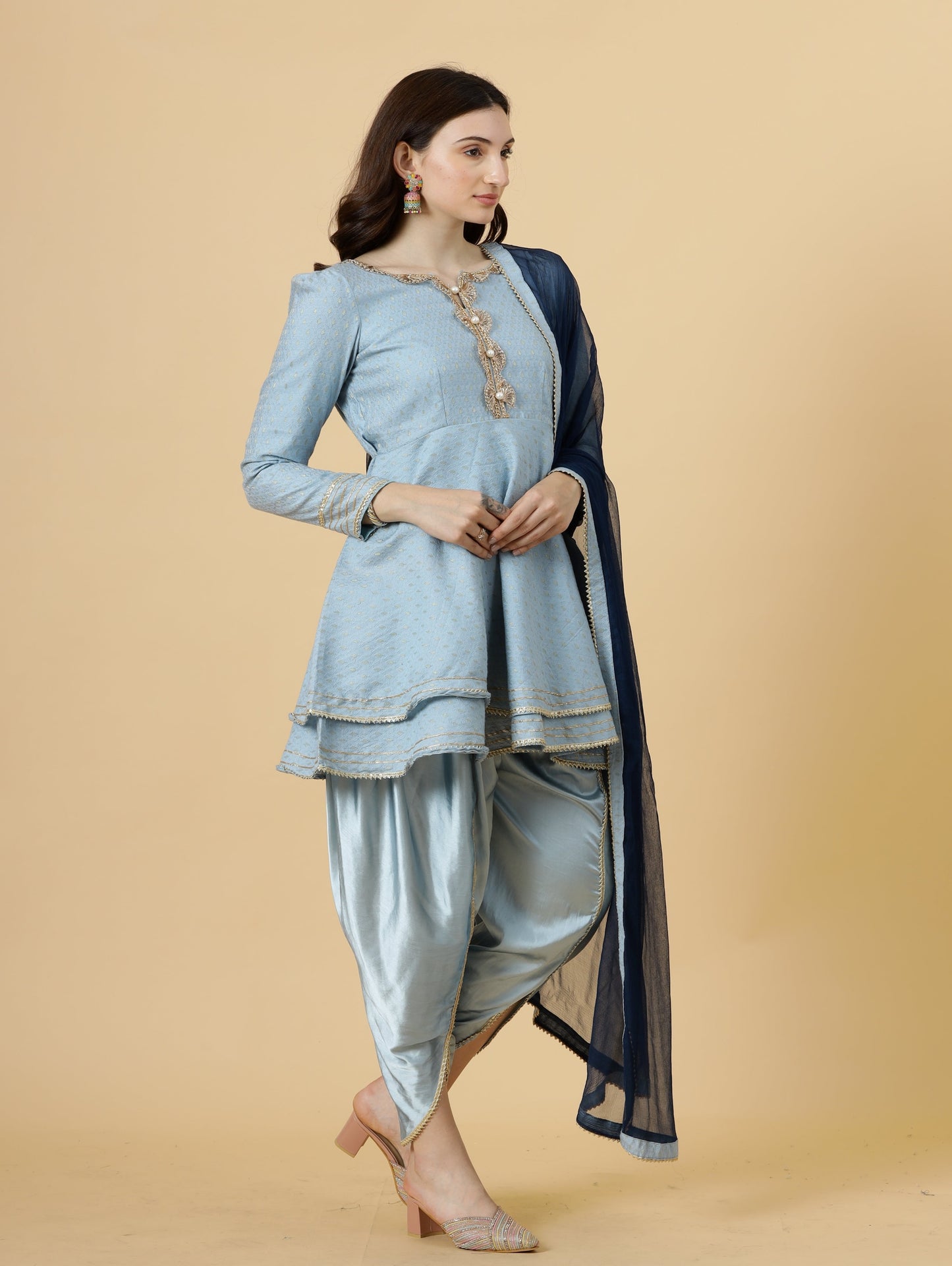 Alluring Powder Blue Brocade Silk Short Kurti with Tulip Pants