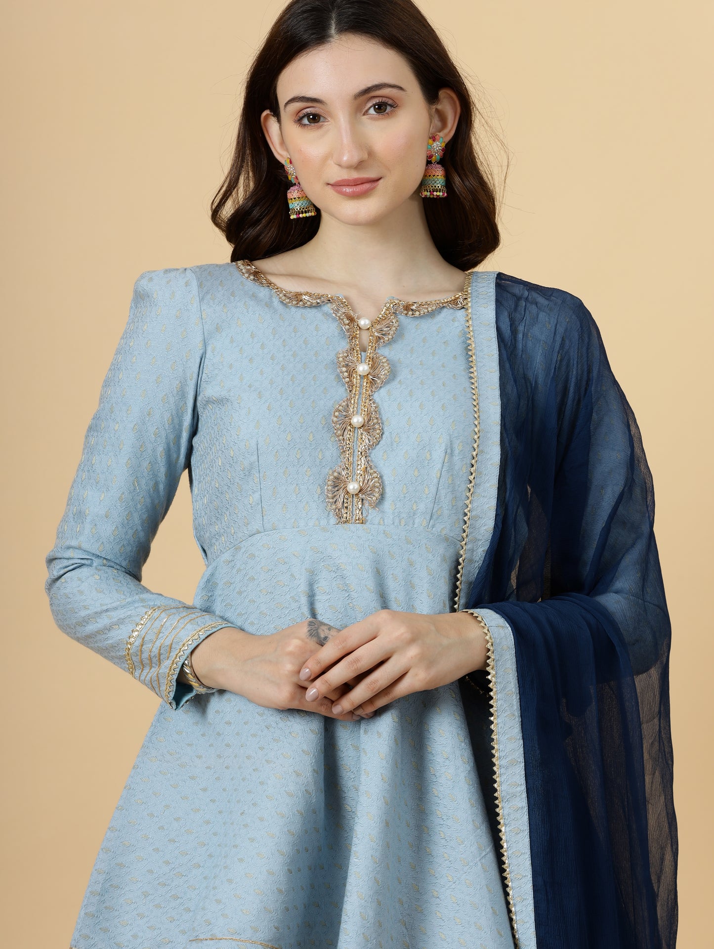 Alluring Powder Blue Brocade Silk Short Kurti with Tulip Pants