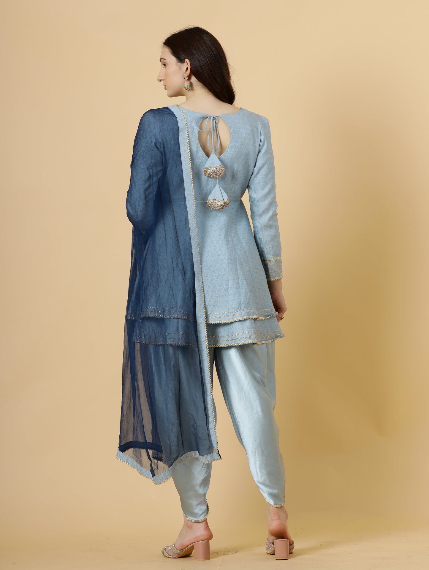 Alluring Powder Blue Brocade Silk Short Kurti with Tulip Pants